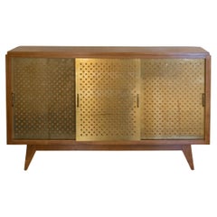 1960's French Oak Sideboard Sliding Doors with Brass Details
