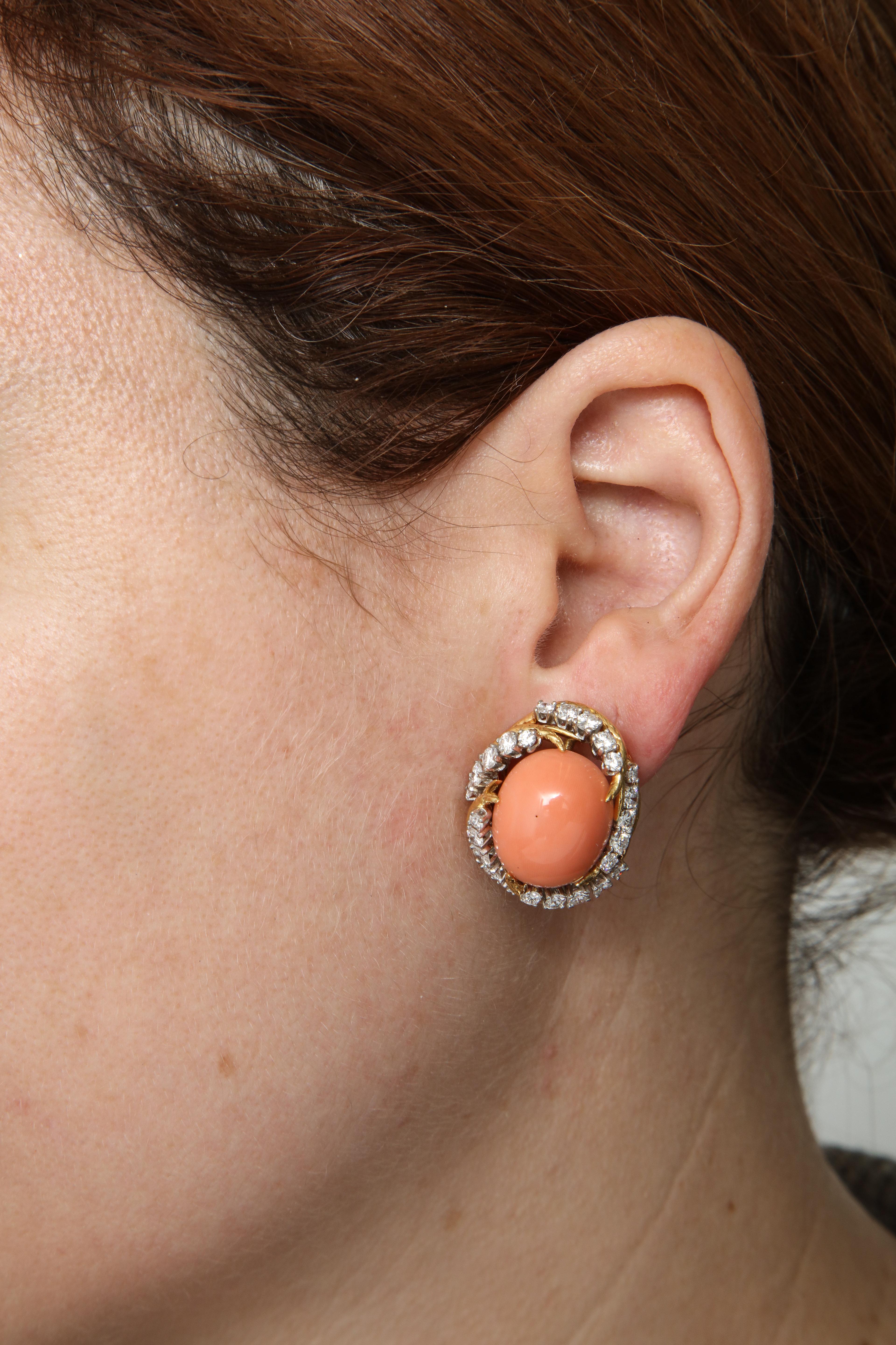 1960s, French, Oval Cabochon Coral with Diamonds Textured Gold Swirl Earclips 5