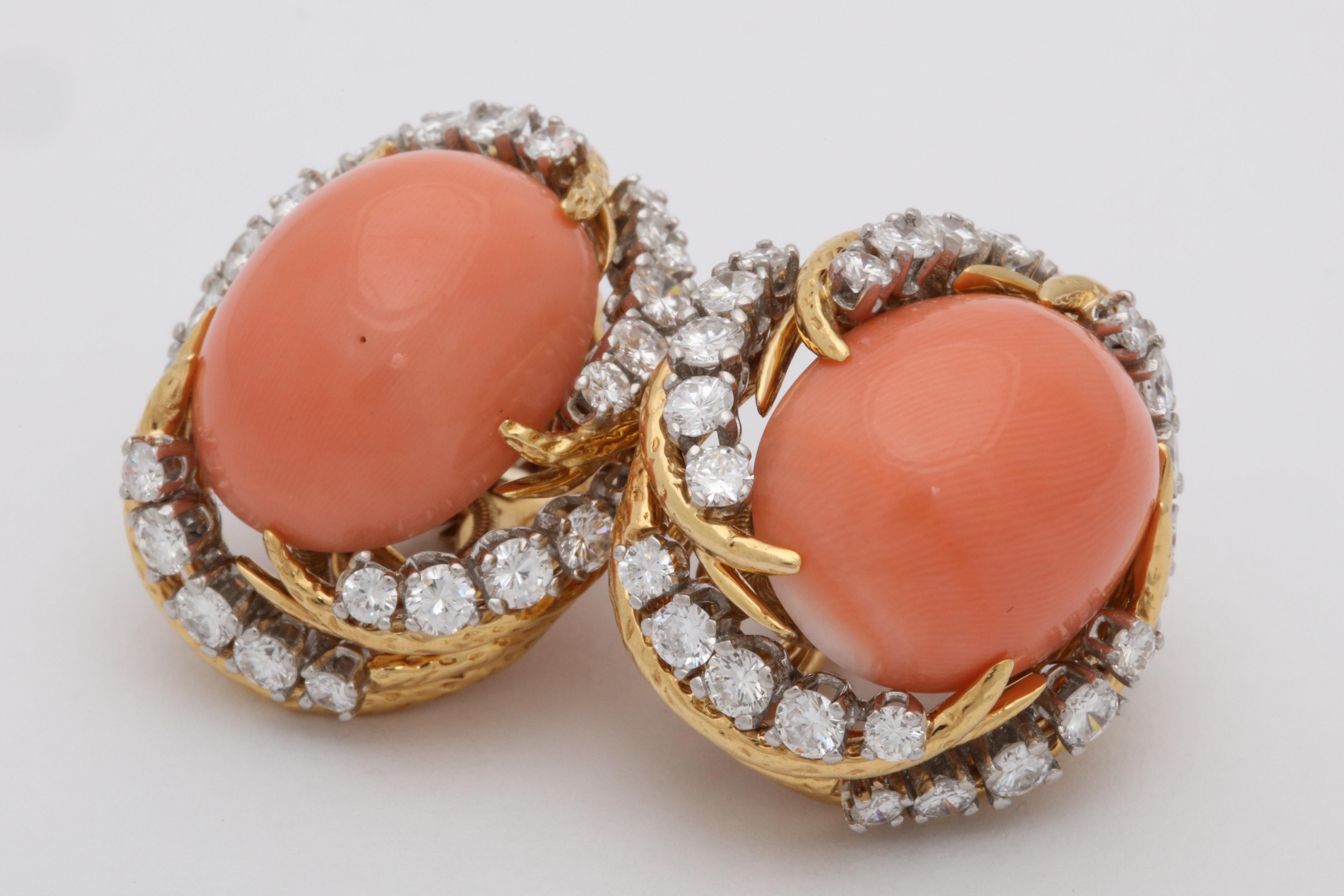 1960s, French, Oval Cabochon Coral with Diamonds Textured Gold Swirl Earclips 1