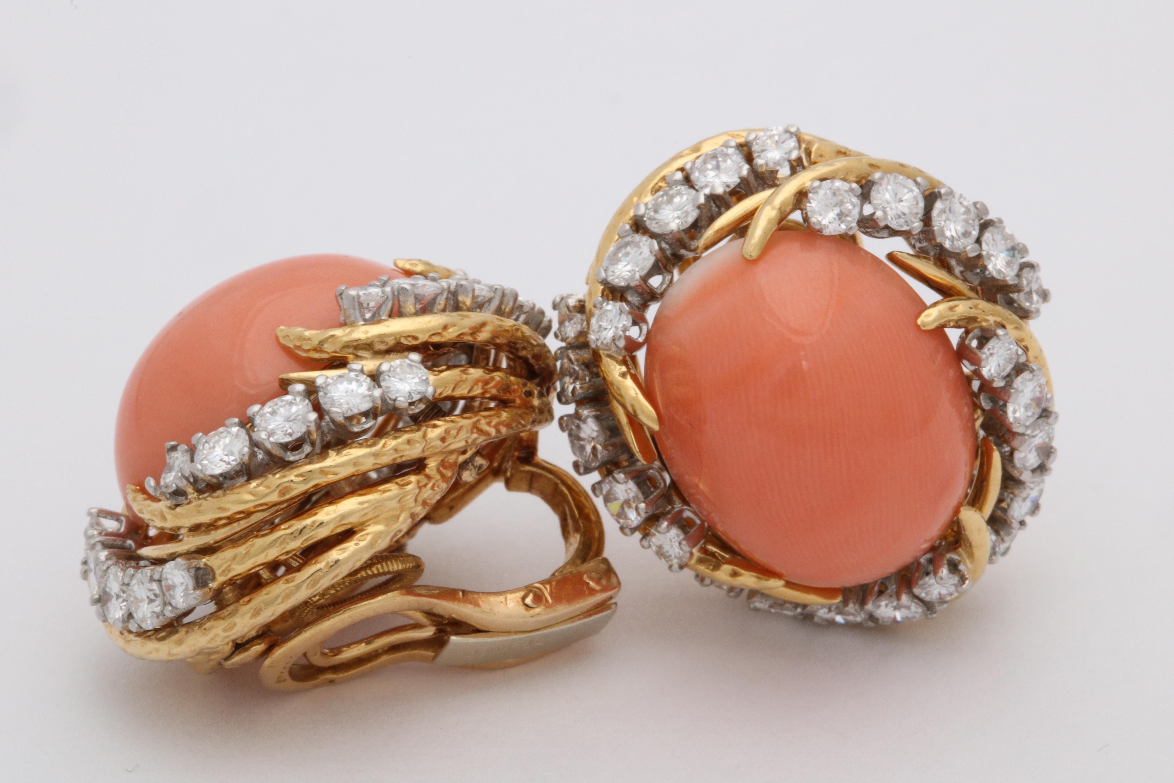 1960s, French, Oval Cabochon Coral with Diamonds Textured Gold Swirl Earclips 2