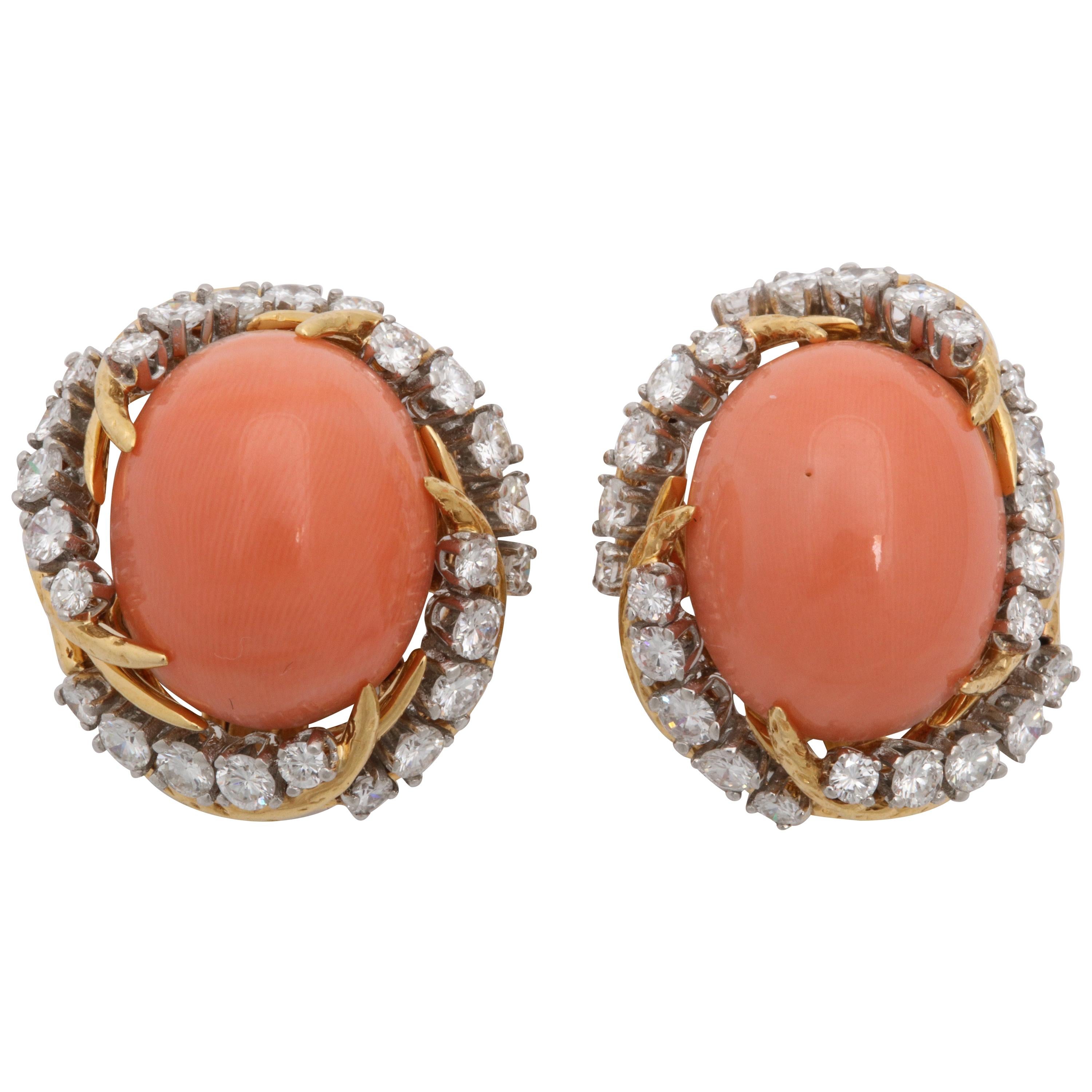 1960s, French, Oval Cabochon Coral with Diamonds Textured Gold Swirl Earclips
