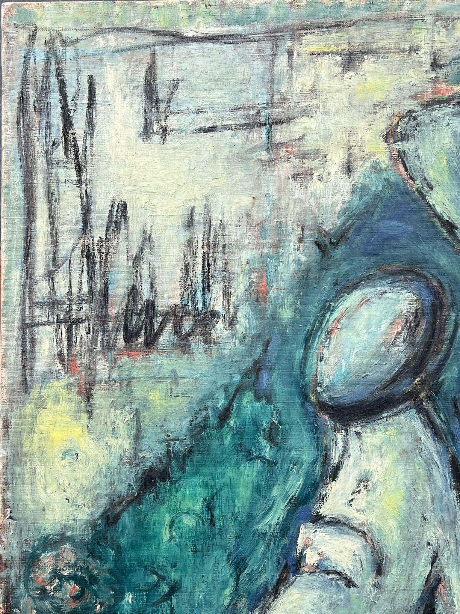 Superb Original 1960's French Modernist Signed Oil Painting Figurative Blues For Sale 9