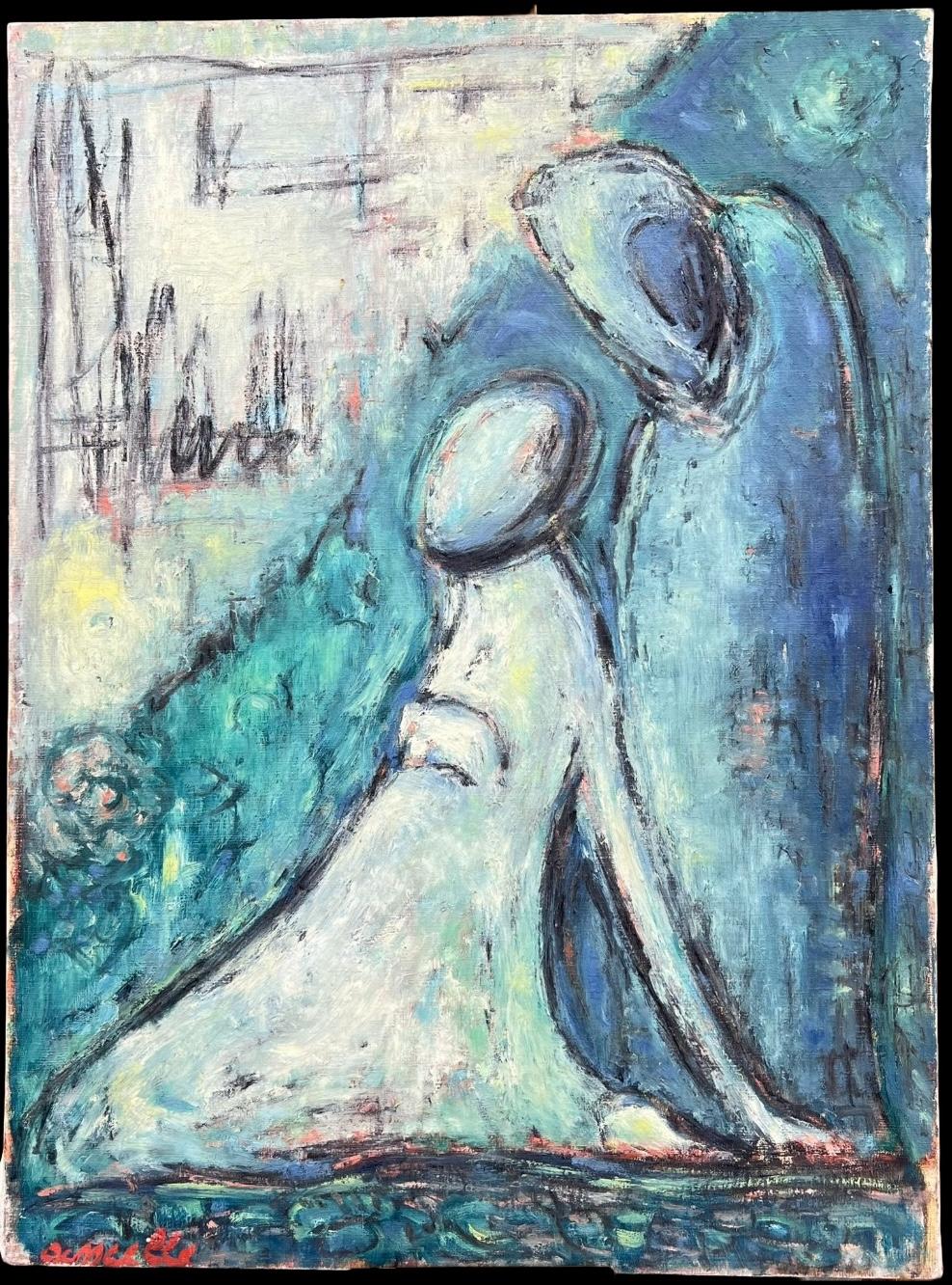 Superb Original 1960's French Modernist Signed Oil Painting Figurative Blues For Sale 1