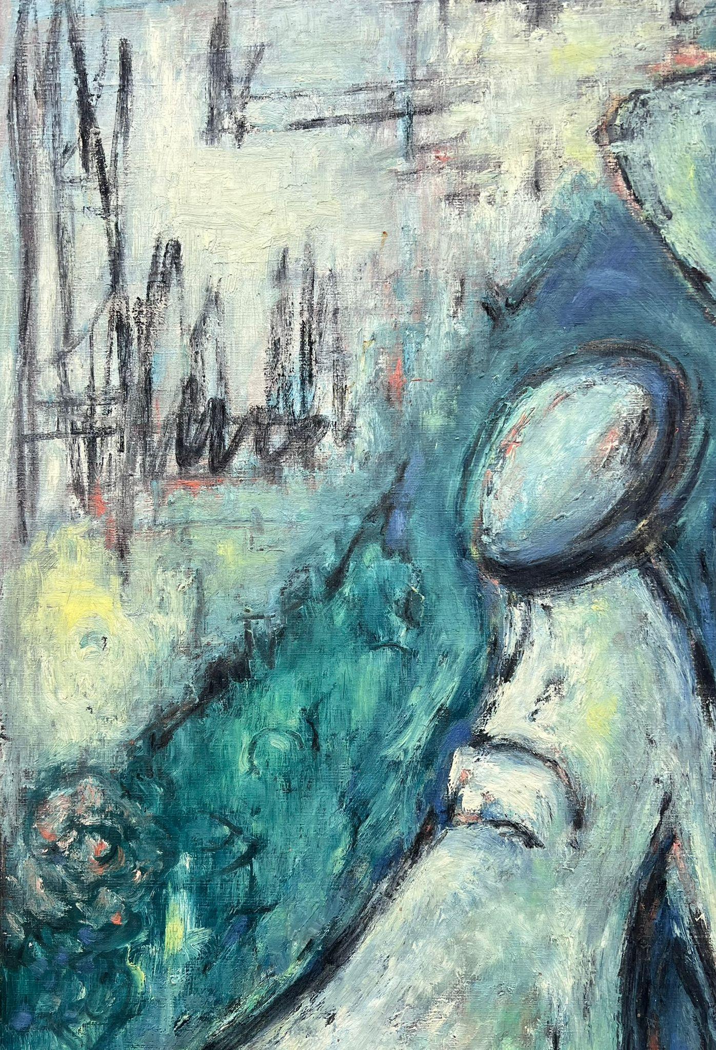 Superb Original 1960's French Modernist Signed Oil Painting Figurative Blues For Sale 2