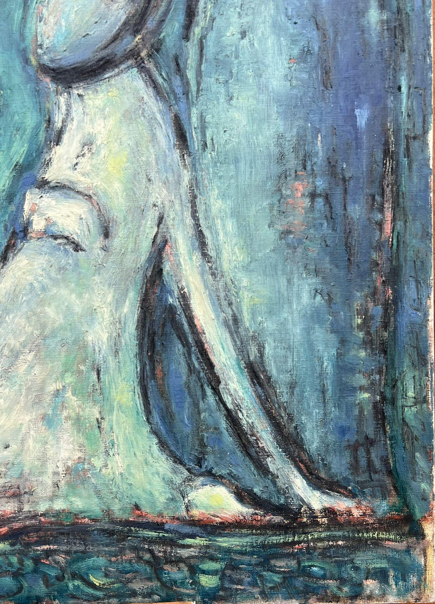 Superb Original 1960's French Modernist Signed Oil Painting Figurative Blues For Sale 4