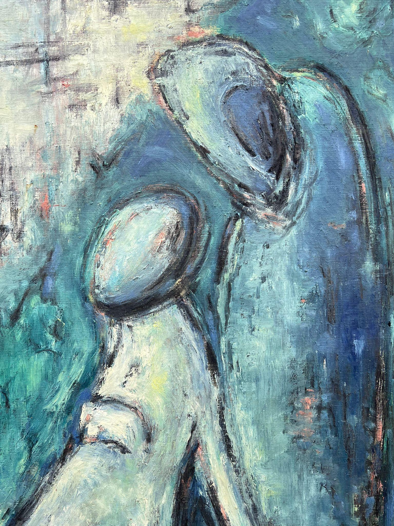 Superb Original 1960's French Modernist Signed Oil Painting Figurative Blues For Sale 5