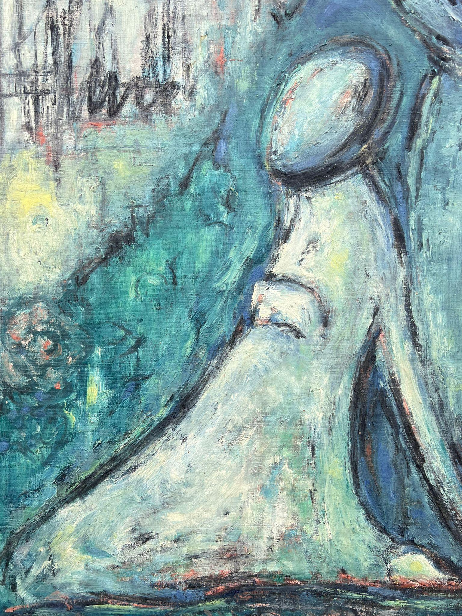 Superb Original 1960's French Modernist Signed Oil Painting Figurative Blues For Sale 6