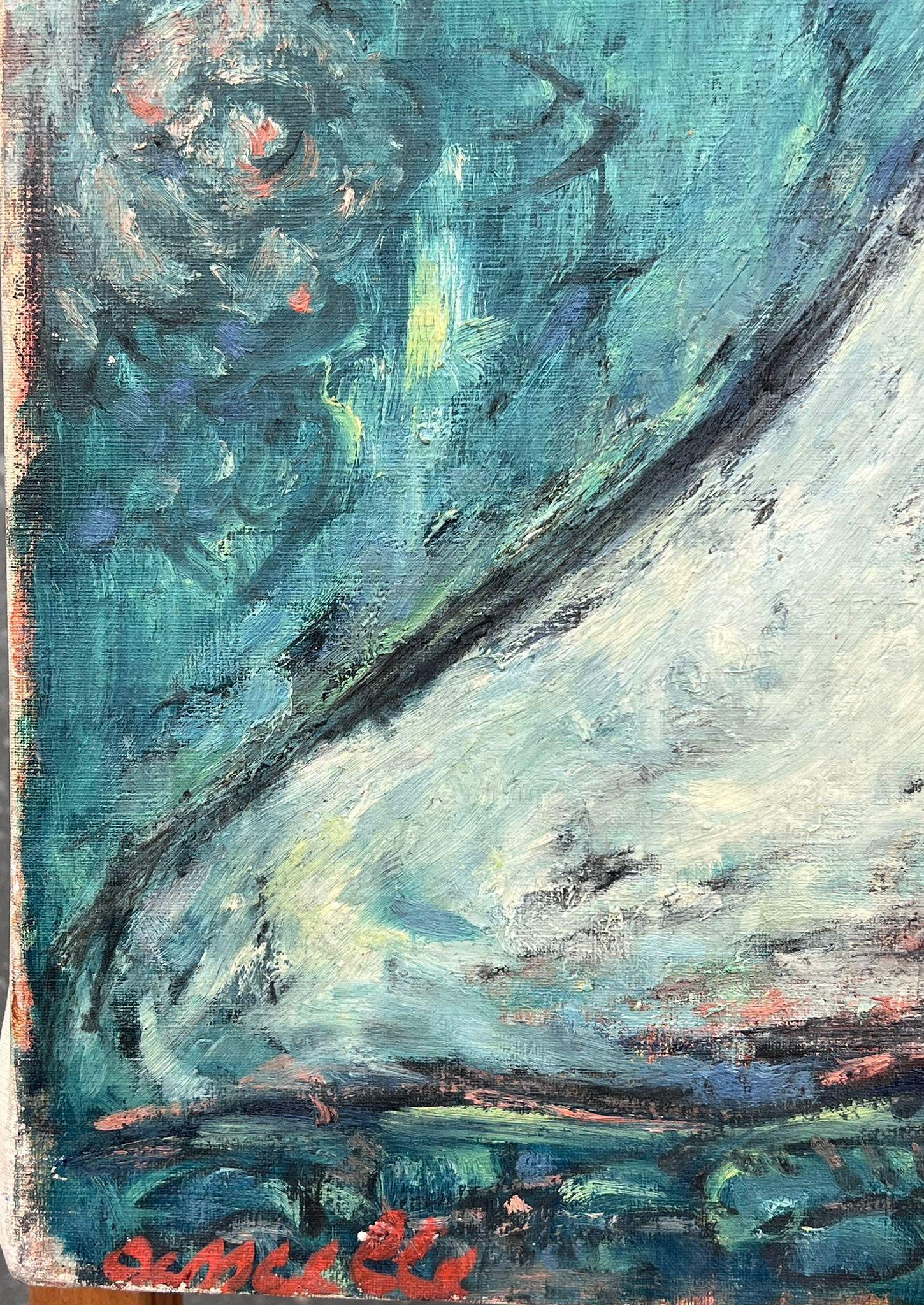 Superb Original 1960's French Modernist Signed Oil Painting Figurative Blues For Sale 7