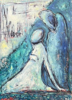 Superb Original 1960's French Modernist Signed Oil Painting Figurative Blues