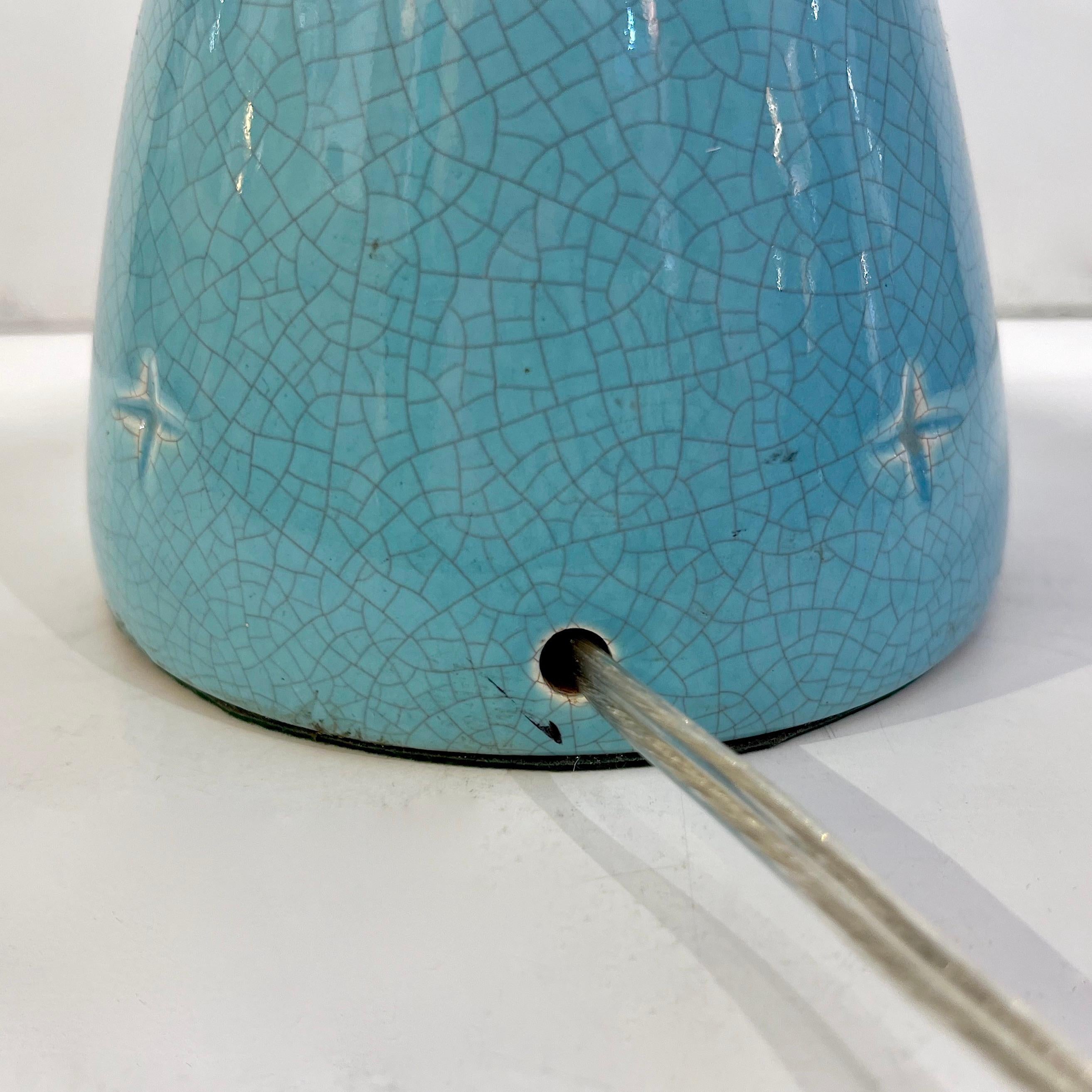 1960s French Pair of Aquamarine Blue Craquelure Glaze Ceramic Lamps with Stars For Sale 7
