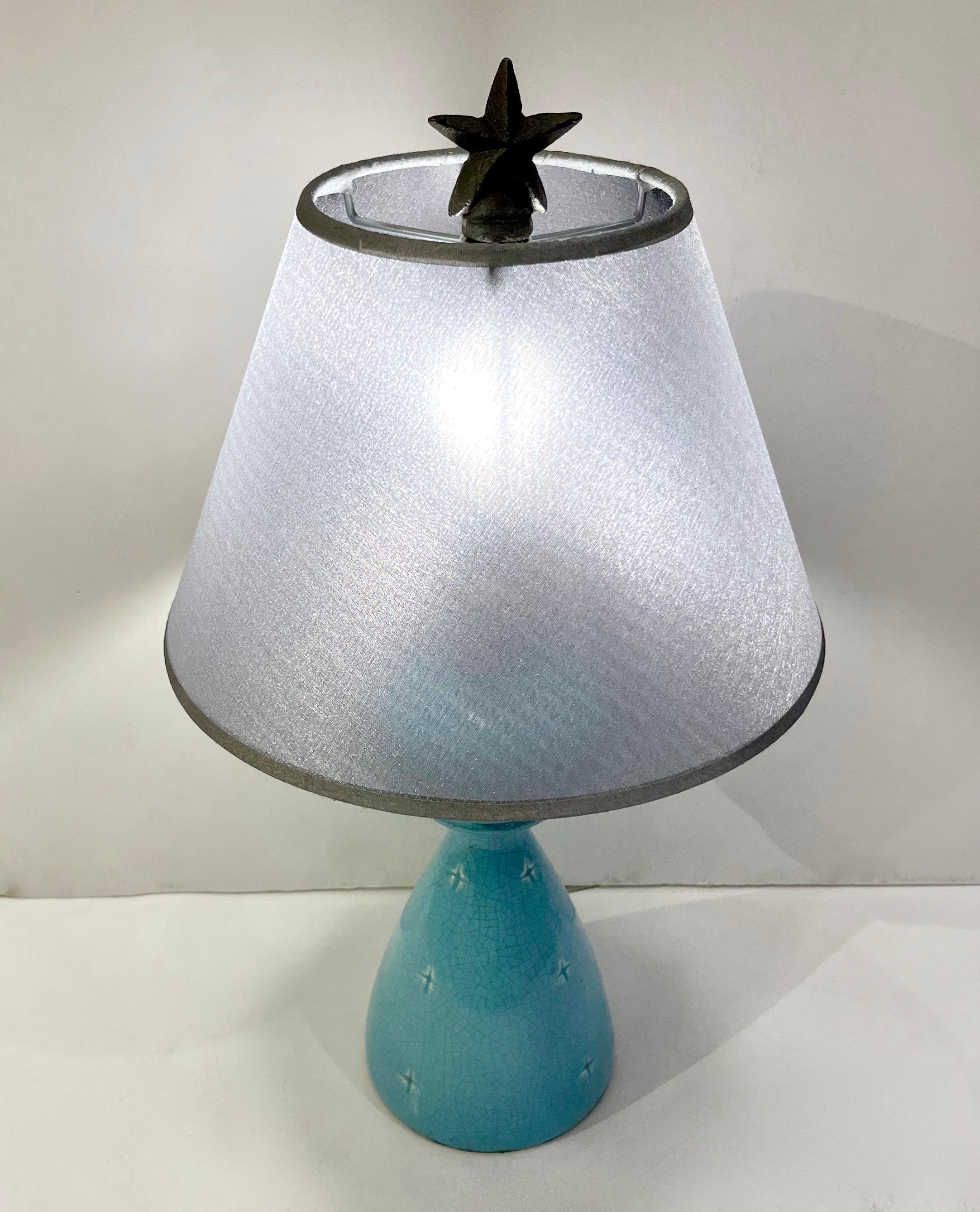 Mid-Century Modern 1960s French Pair of Aquamarine Blue Craquelure Glaze Ceramic Lamps with Stars For Sale