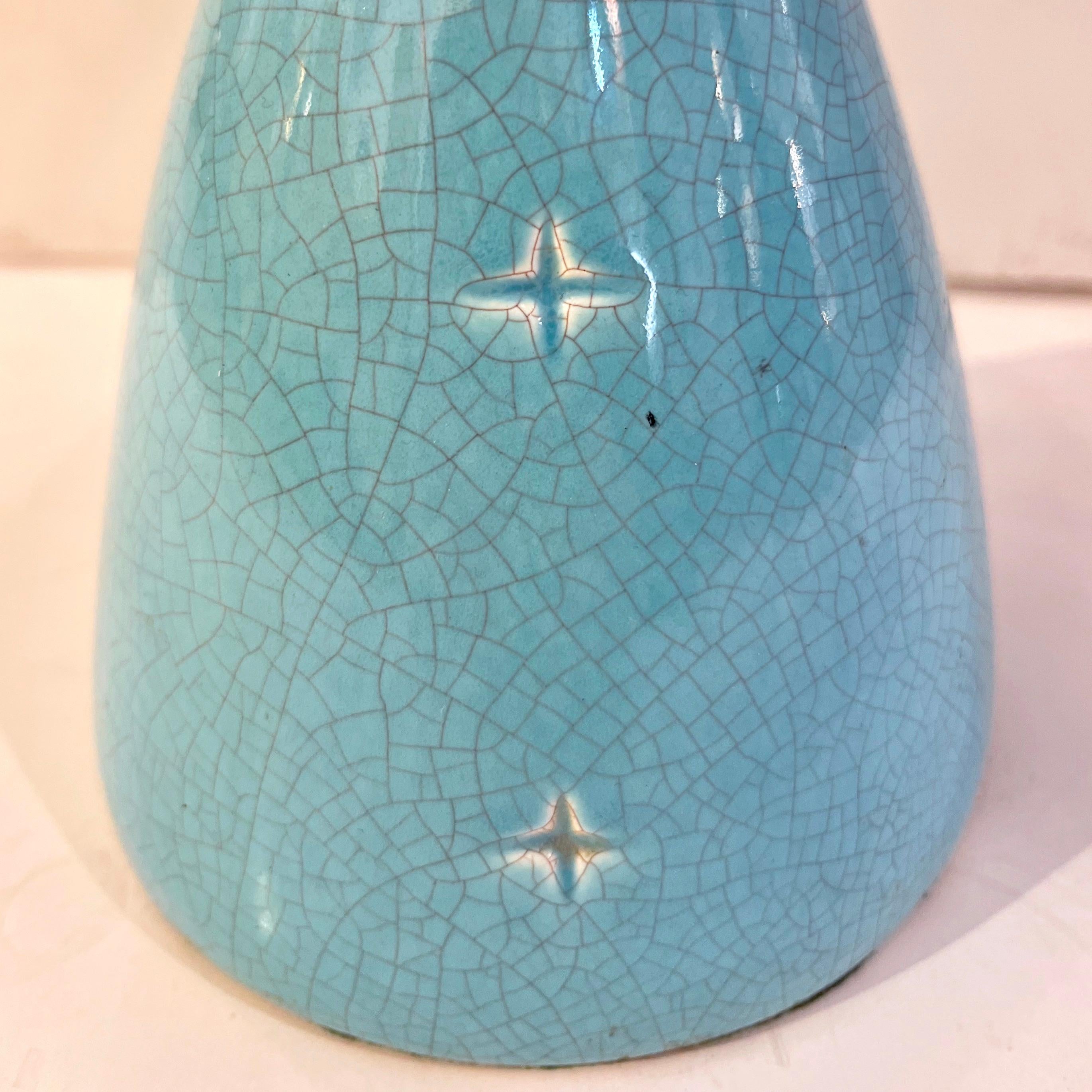 1960s French Pair of Aquamarine Blue Craquelure Glaze Ceramic Lamps with Stars In Excellent Condition For Sale In New York, NY