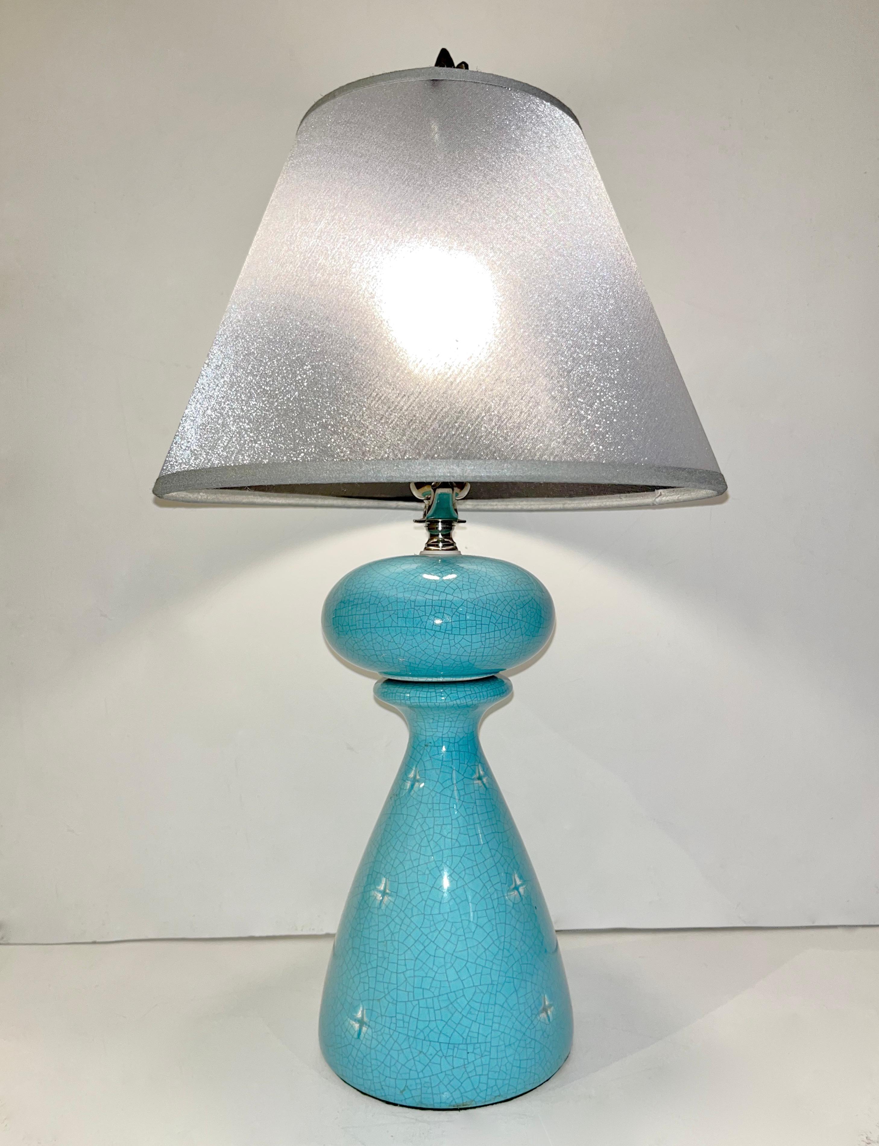 1960s French Pair of Aquamarine Blue Craquelure Glaze Ceramic Lamps with Stars For Sale 2