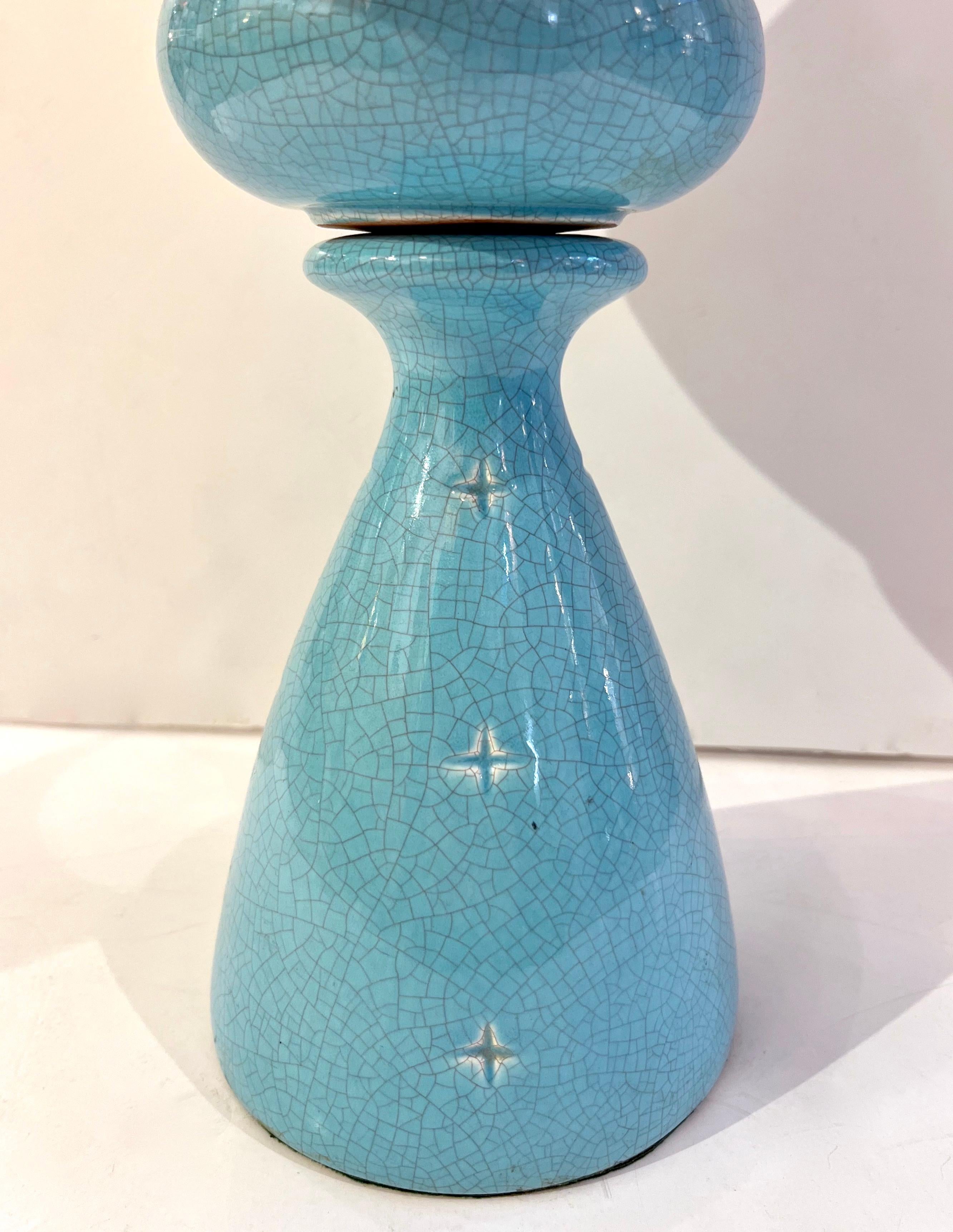 1960s French Pair of Aquamarine Blue Craquelure Glaze Ceramic Lamps with Stars For Sale 3