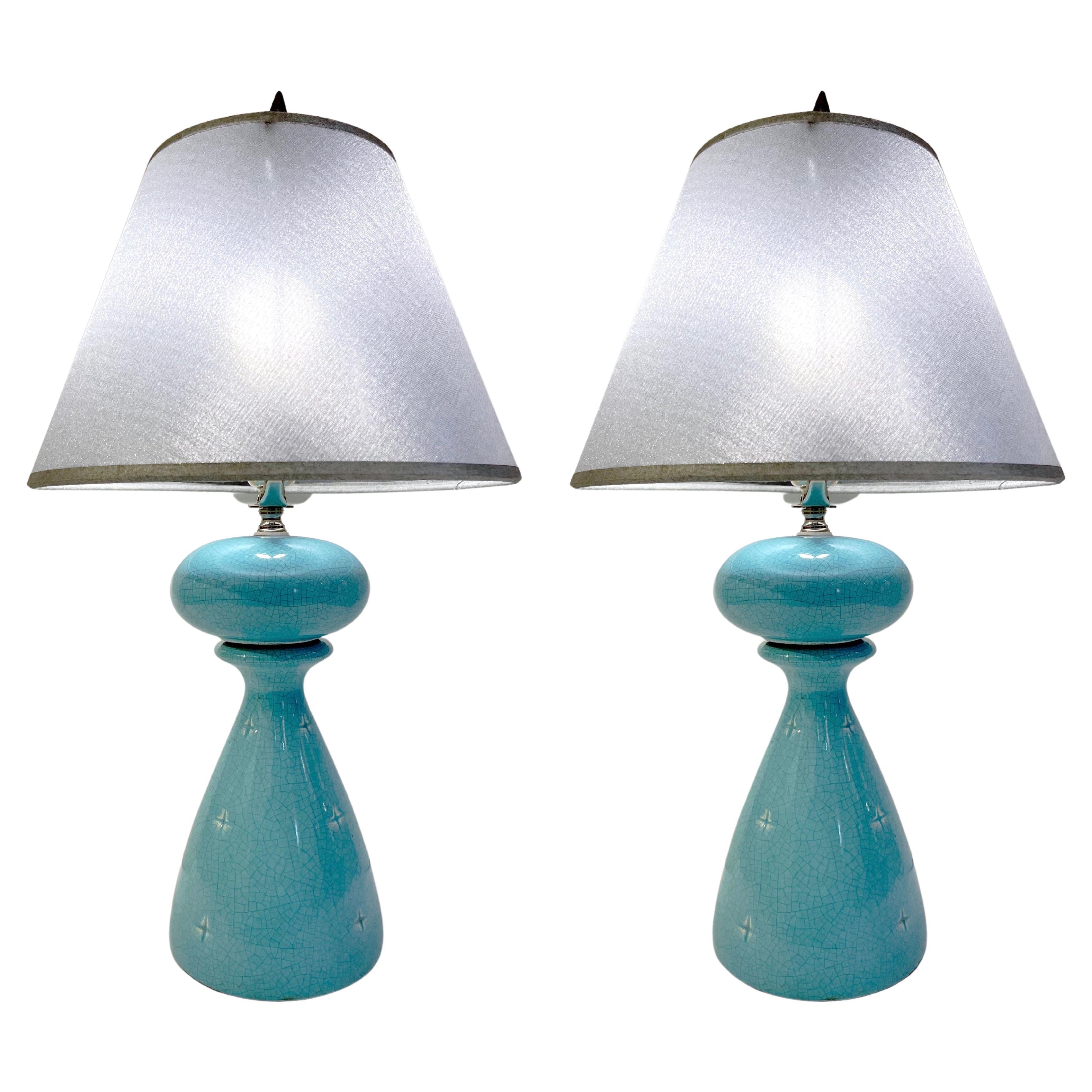1960s French Pair of Aquamarine Blue Craquelure Glaze Ceramic Lamps with Stars For Sale