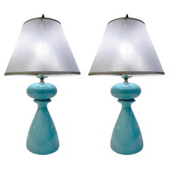 Vintage 1960s French Pair of Aquamarine Blue Craquelure Glaze Ceramic Lamps with Stars