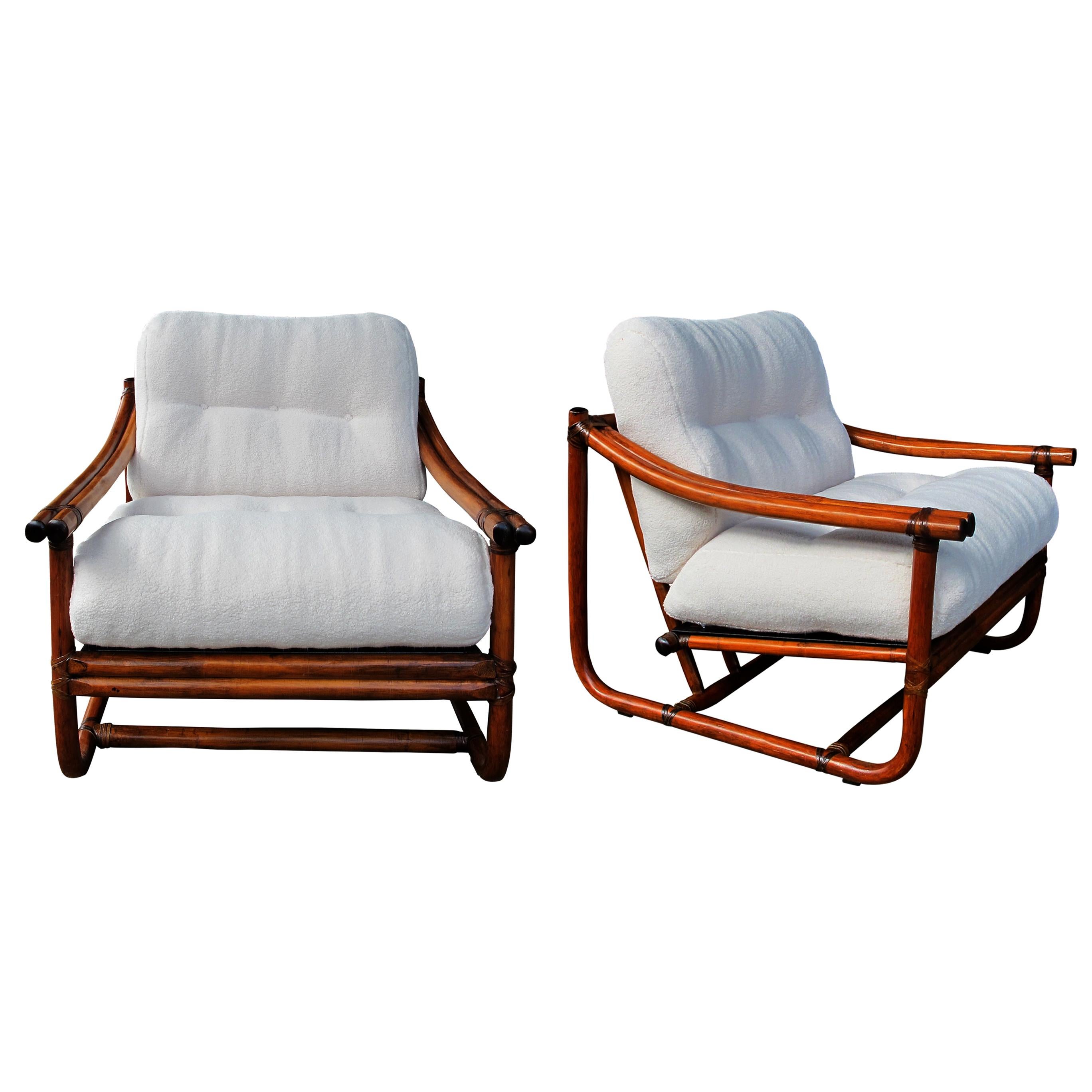 Mid-Century Modern 1960s French Pair of Bamboo Armchairs Newly Upholstered