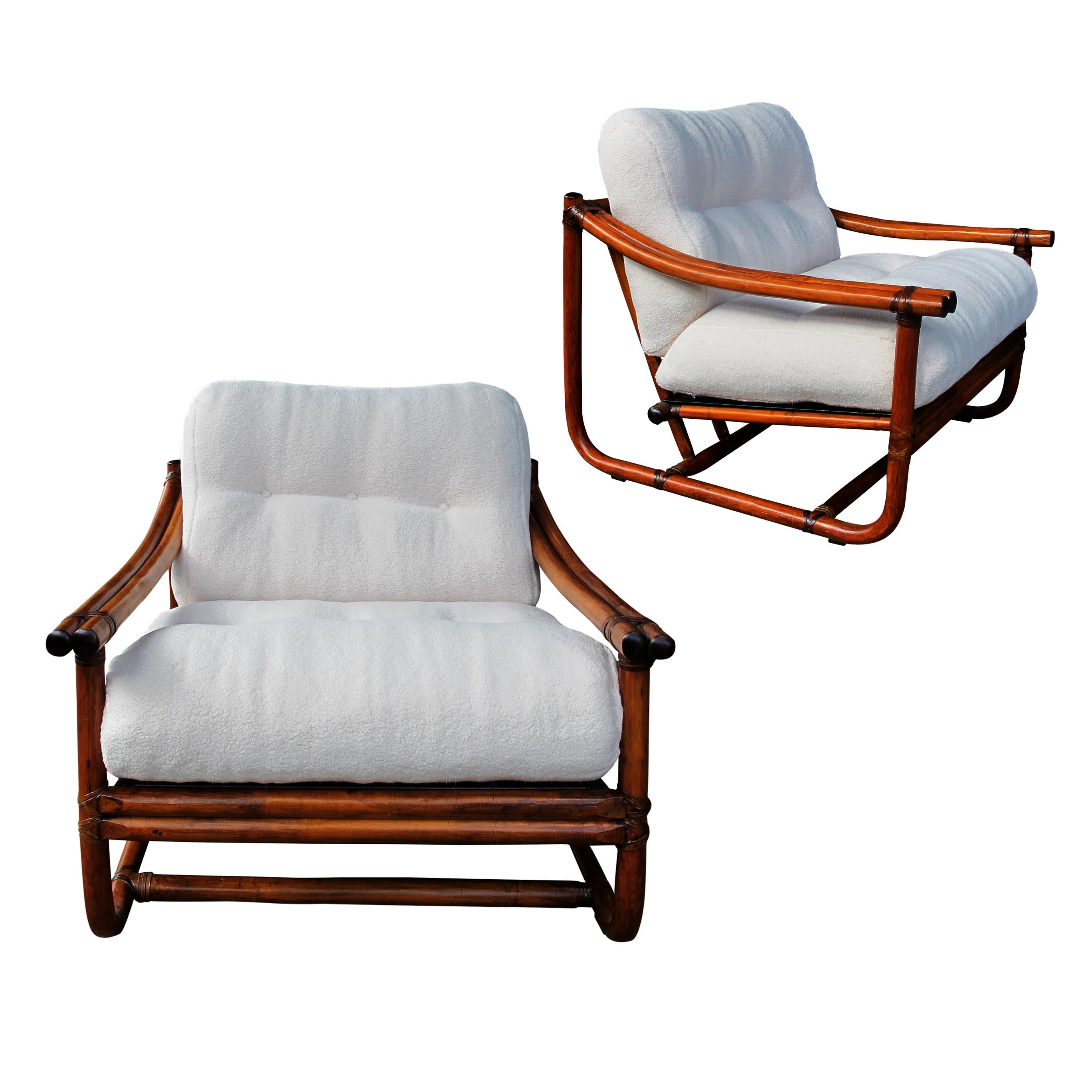 Other 1960s French Pair of Bamboo Armchairs Newly Upholstered