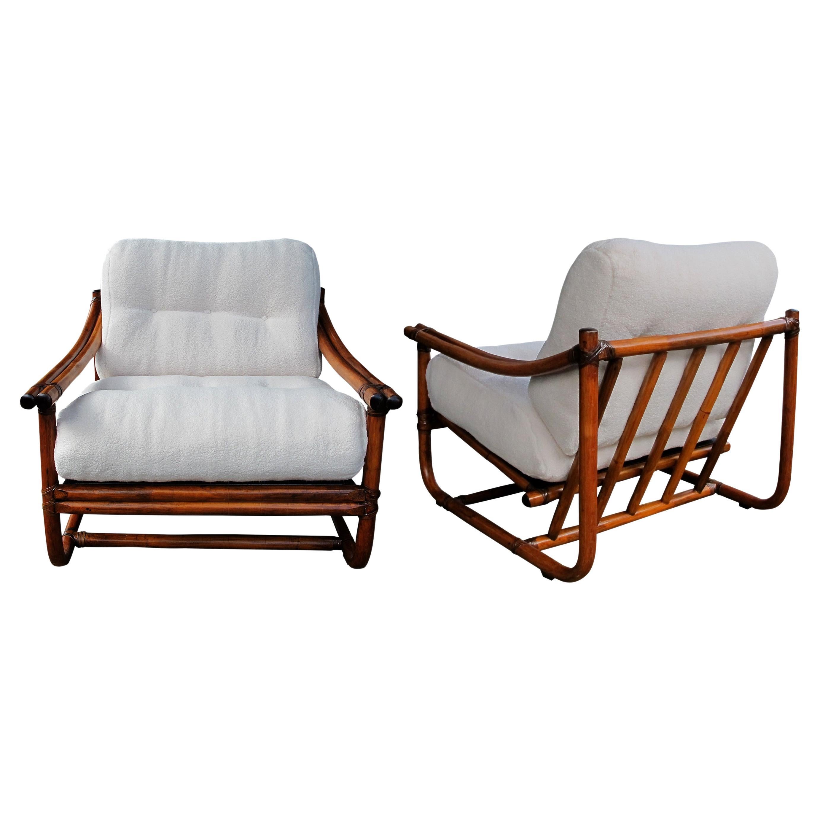 1960s French Pair of Bamboo Armchairs Newly Upholstered