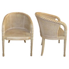 1960s French Pair of Cane Occasional Chairs with Hand-Carved Frame
