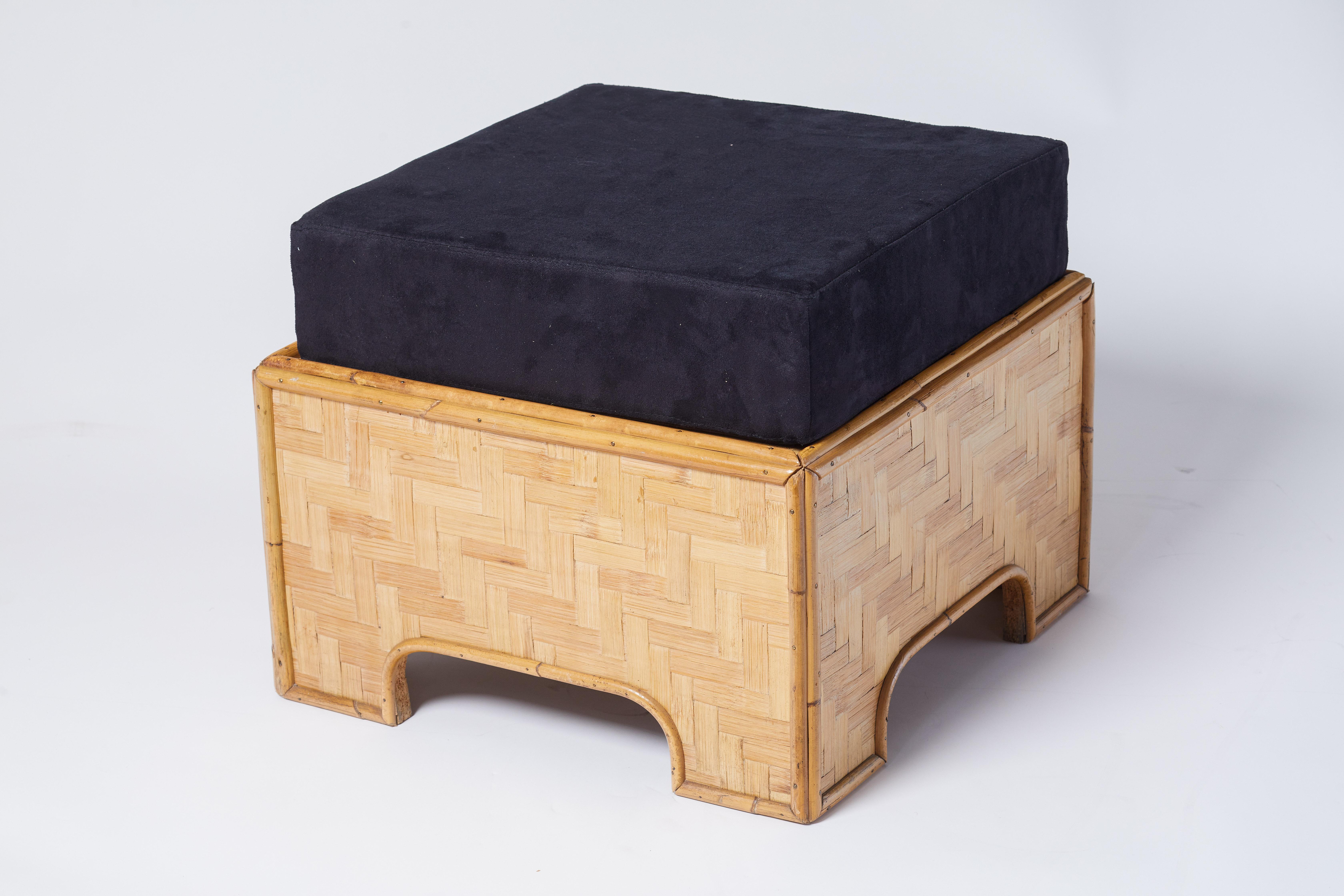 1960s French pair of rattan ottomans with black cushions. Excellent condition.