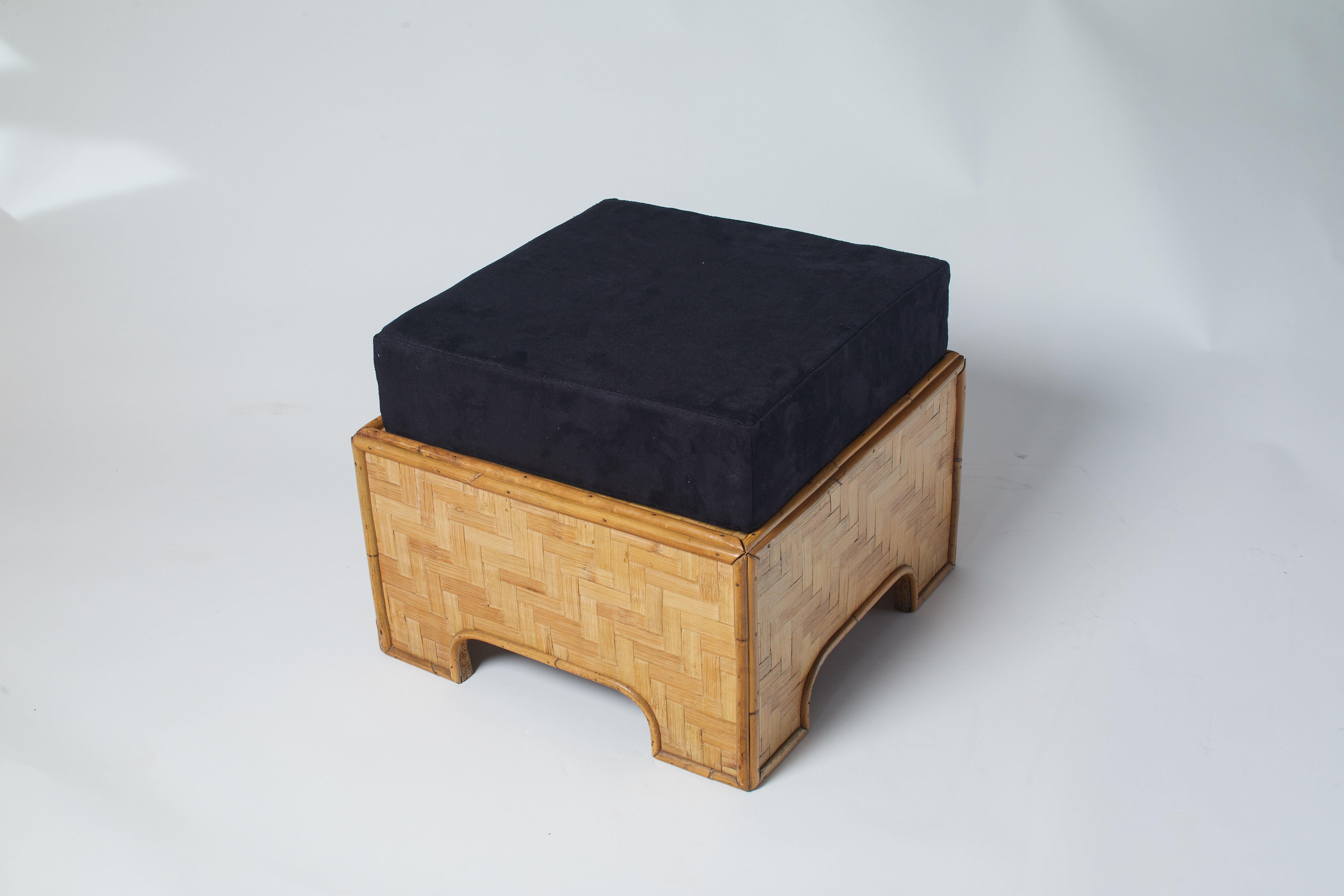 European 1960s French Pair of Rattan Ottomans with Black Cushions