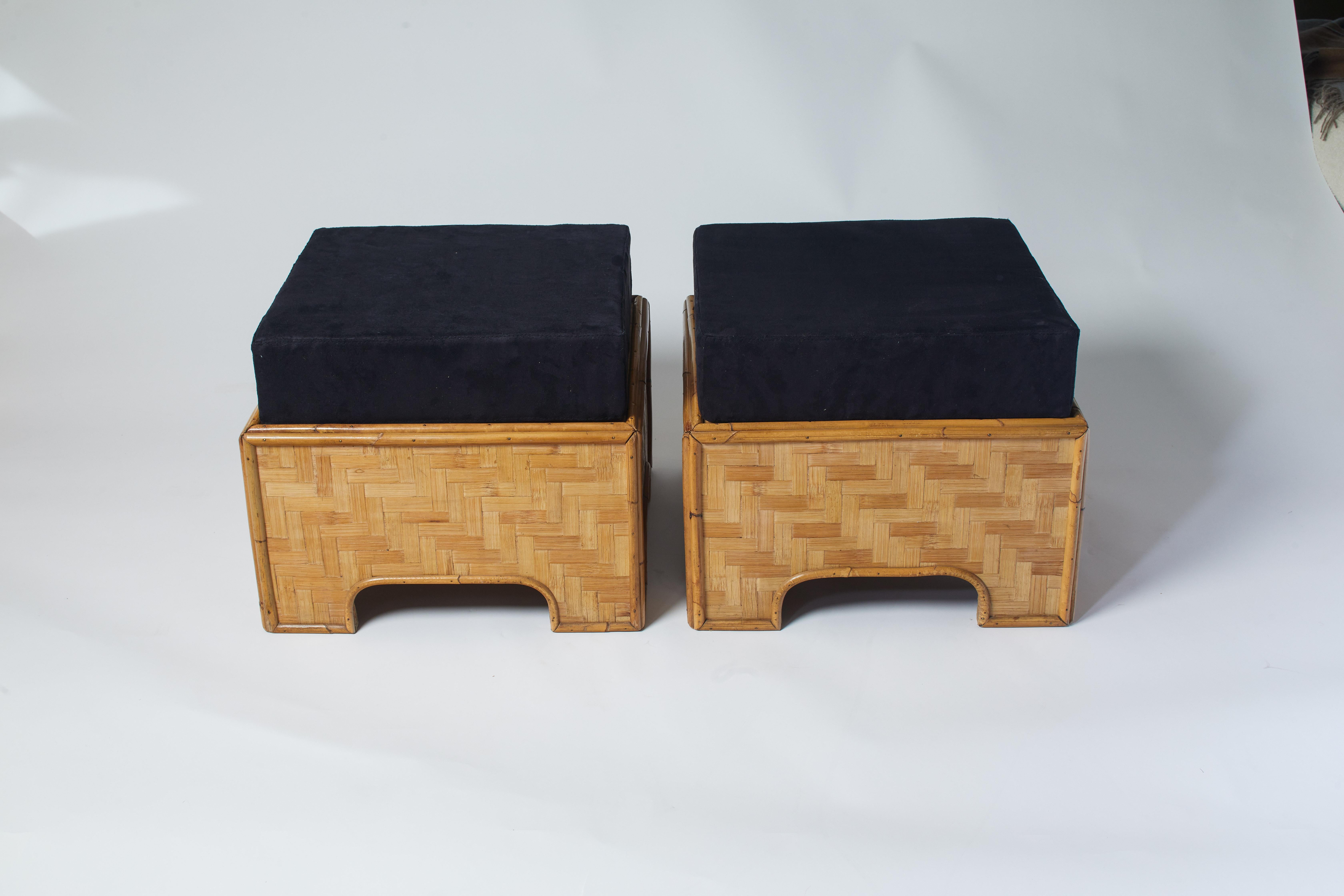 1960s French Pair of Rattan Ottomans with Black Cushions In Good Condition In Aspen, CO