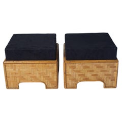 1960s French Pair of Rattan Ottomans with Black Cushions