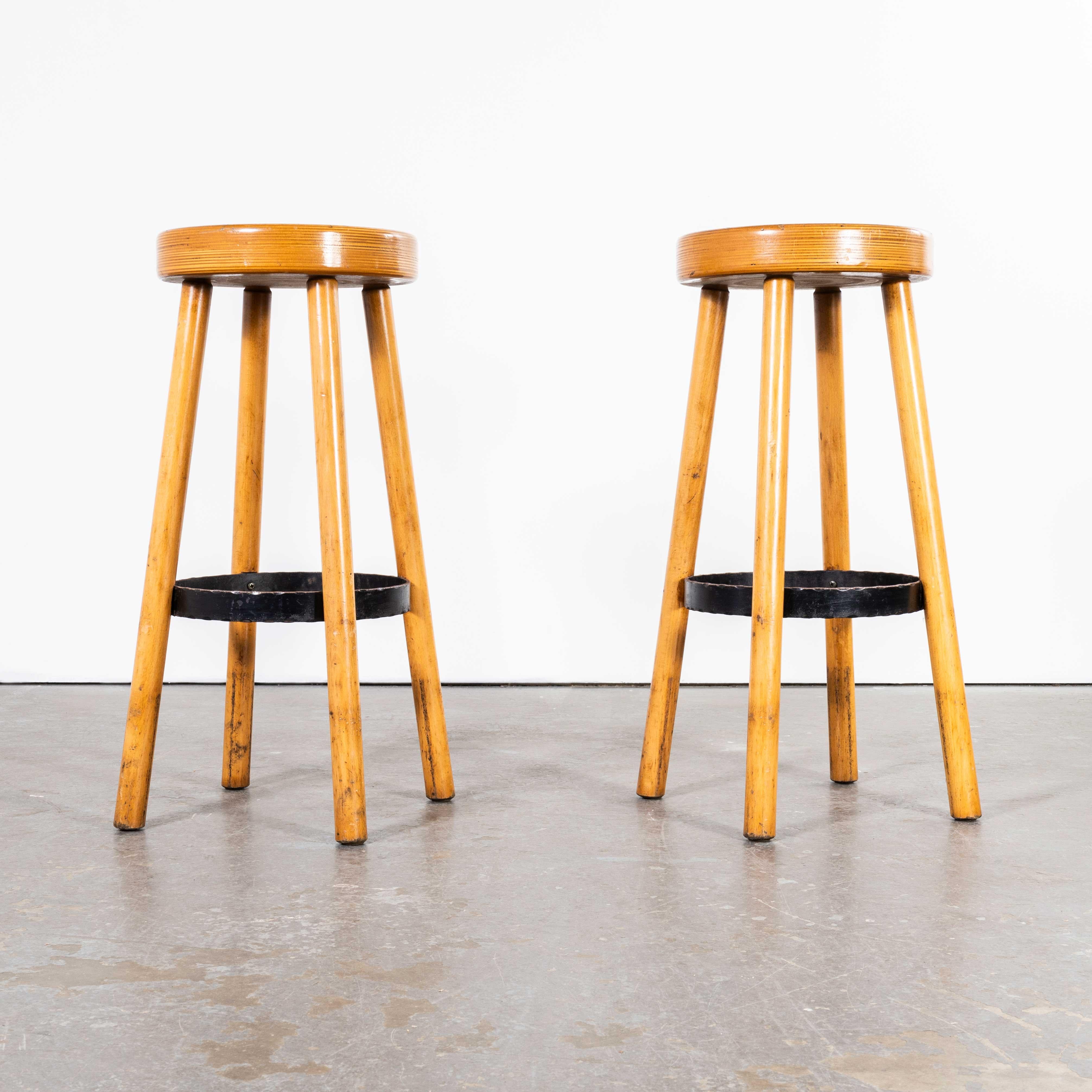 1960's French Pair Of Tall Bar Stools - Blonde For Sale 3