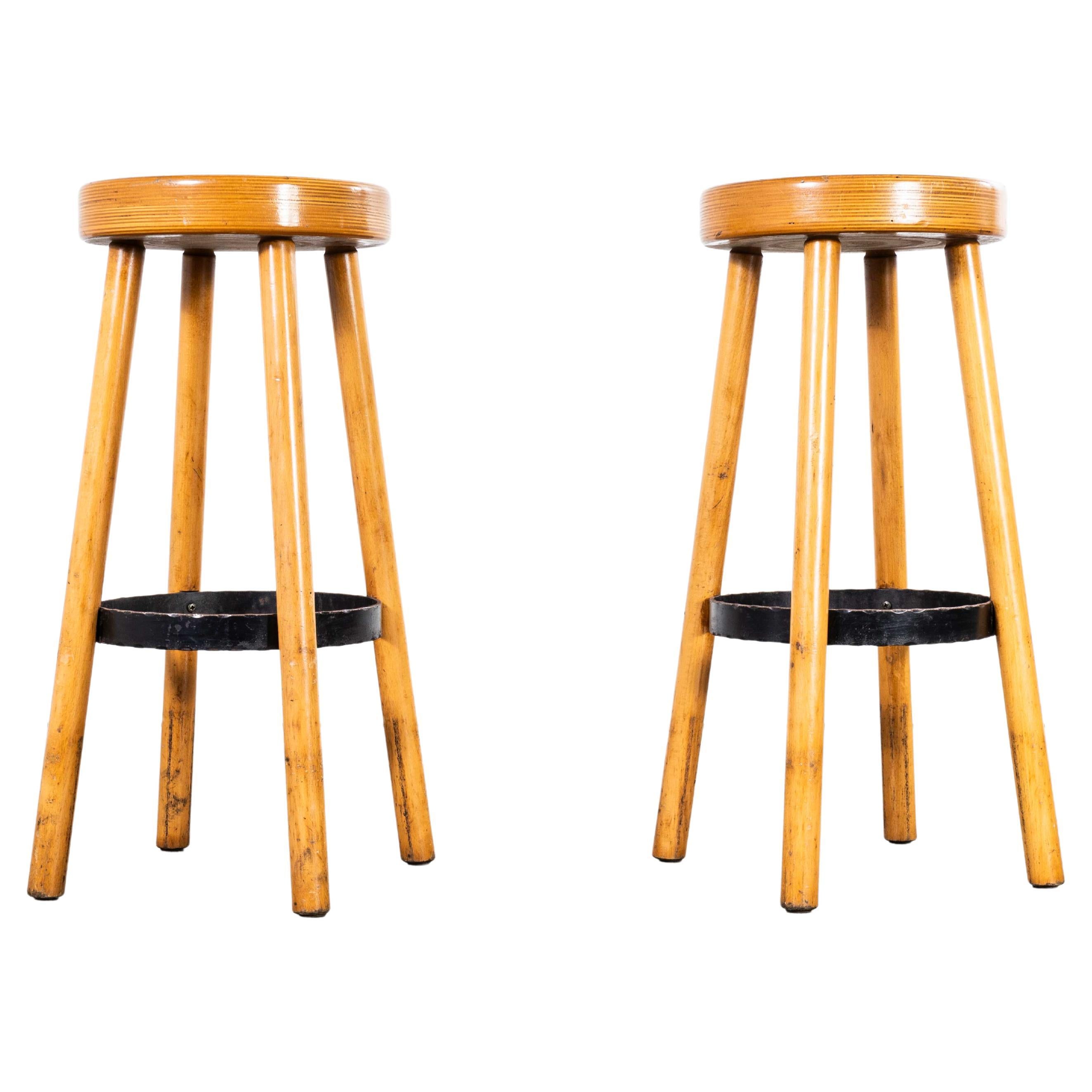 1960's French Pair Of Tall Bar Stools - Blonde