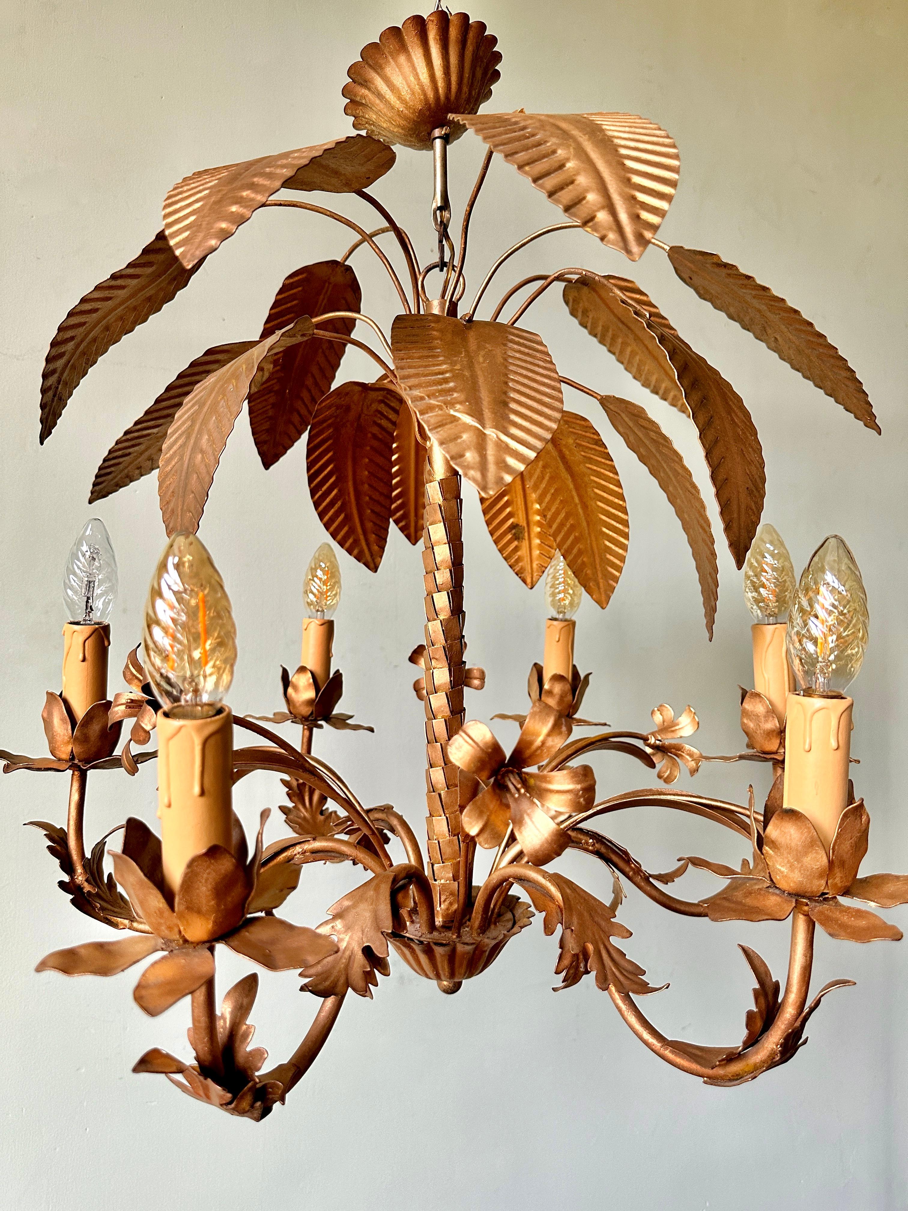 Hand-Painted 1960s French Palm Tole Toleware Chandelier For Sale