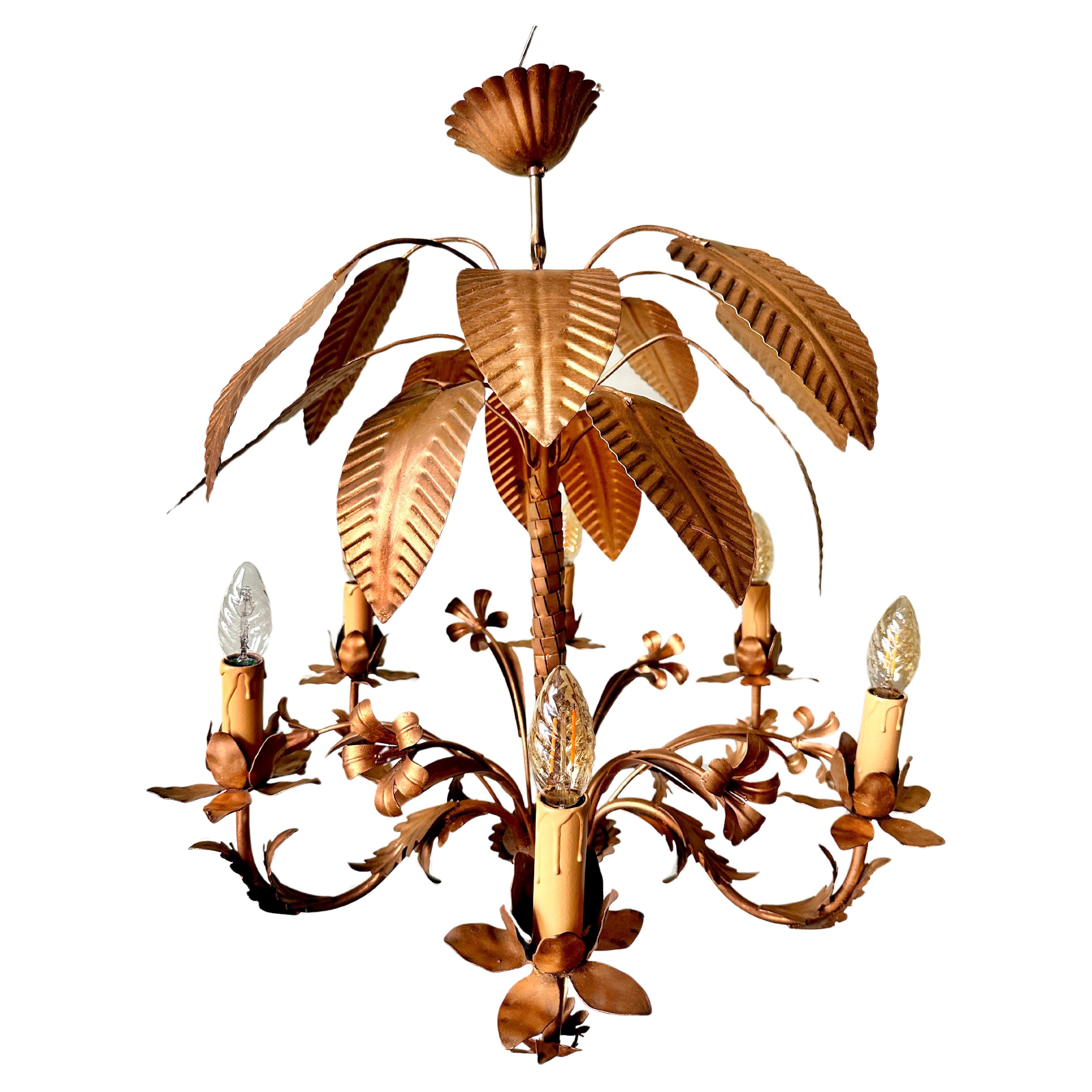 1960s French Palm Tole Toleware Chandelier For Sale