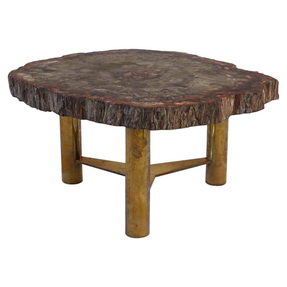1960s French Petrified Wood Plateaux with Bronze Base Cocktail Table For Sale