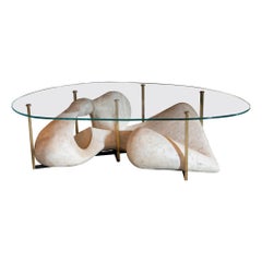 1960s French Plaster Sculpture and Brass Coffee Table, Glass Top