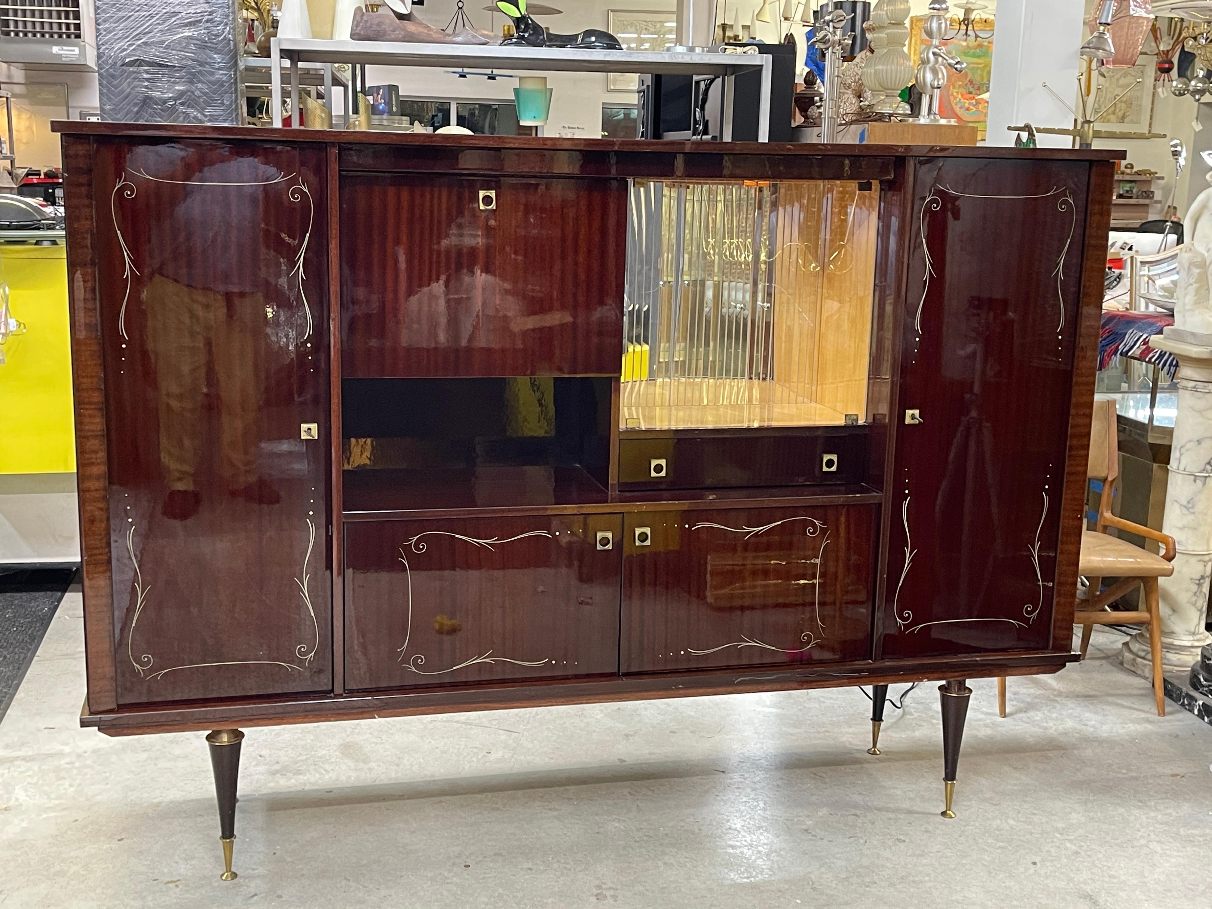 1960's French Polished Mahogany Bar & Buffet In Good Condition For Sale In Hanover, MA