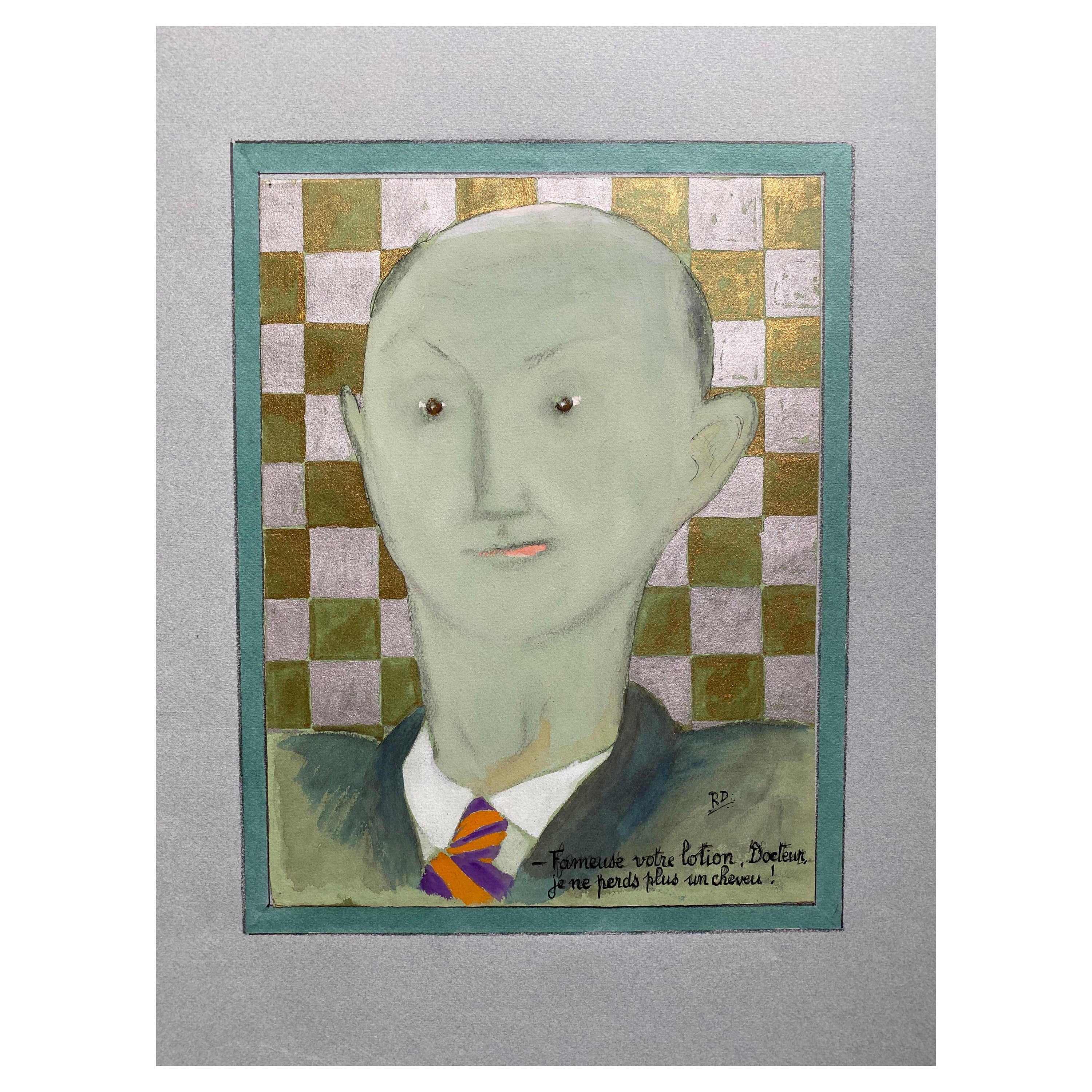 Portrait d'homme vert chauve-souris français des années 1960
