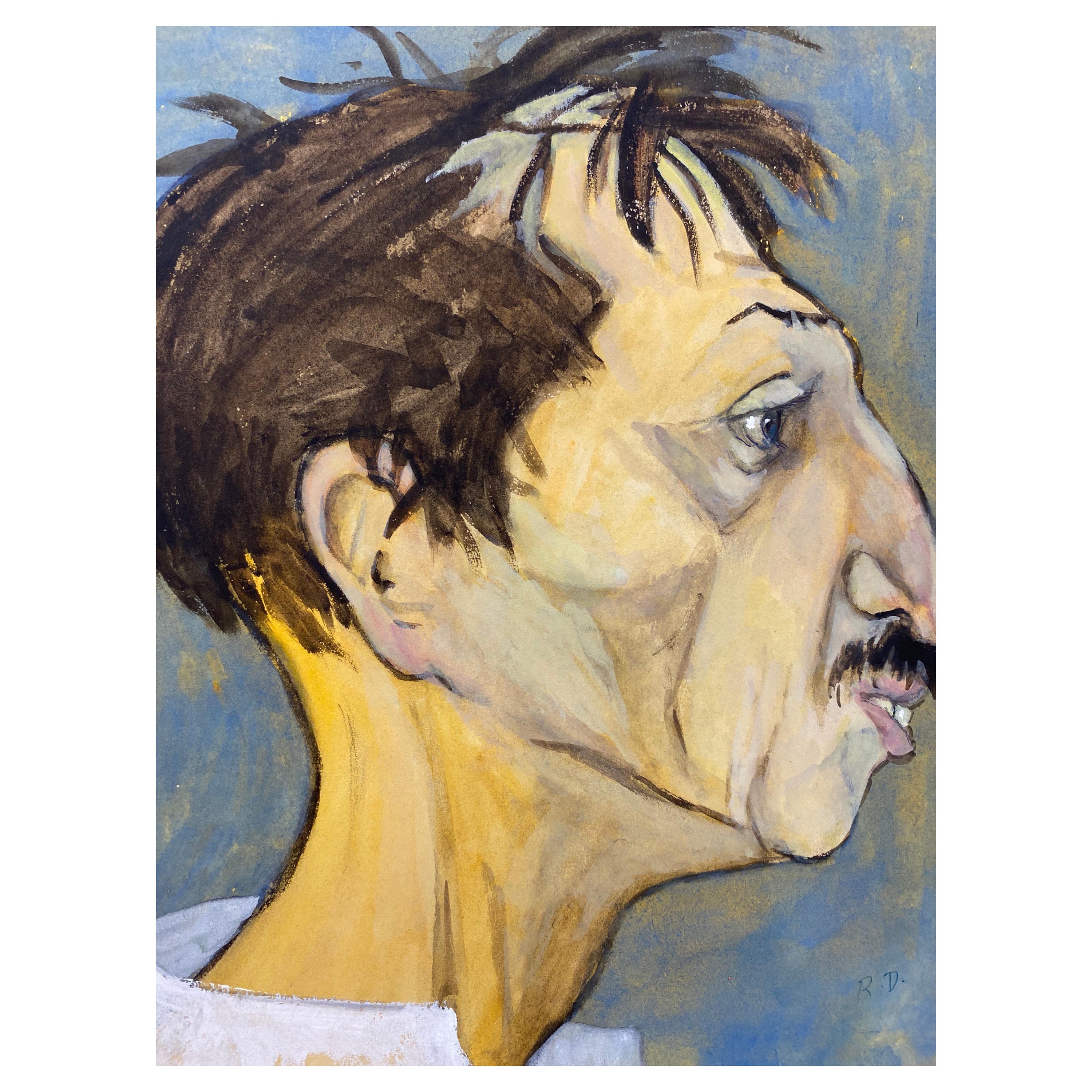1960's French Portrait Brunette Man Side Profile Caricature