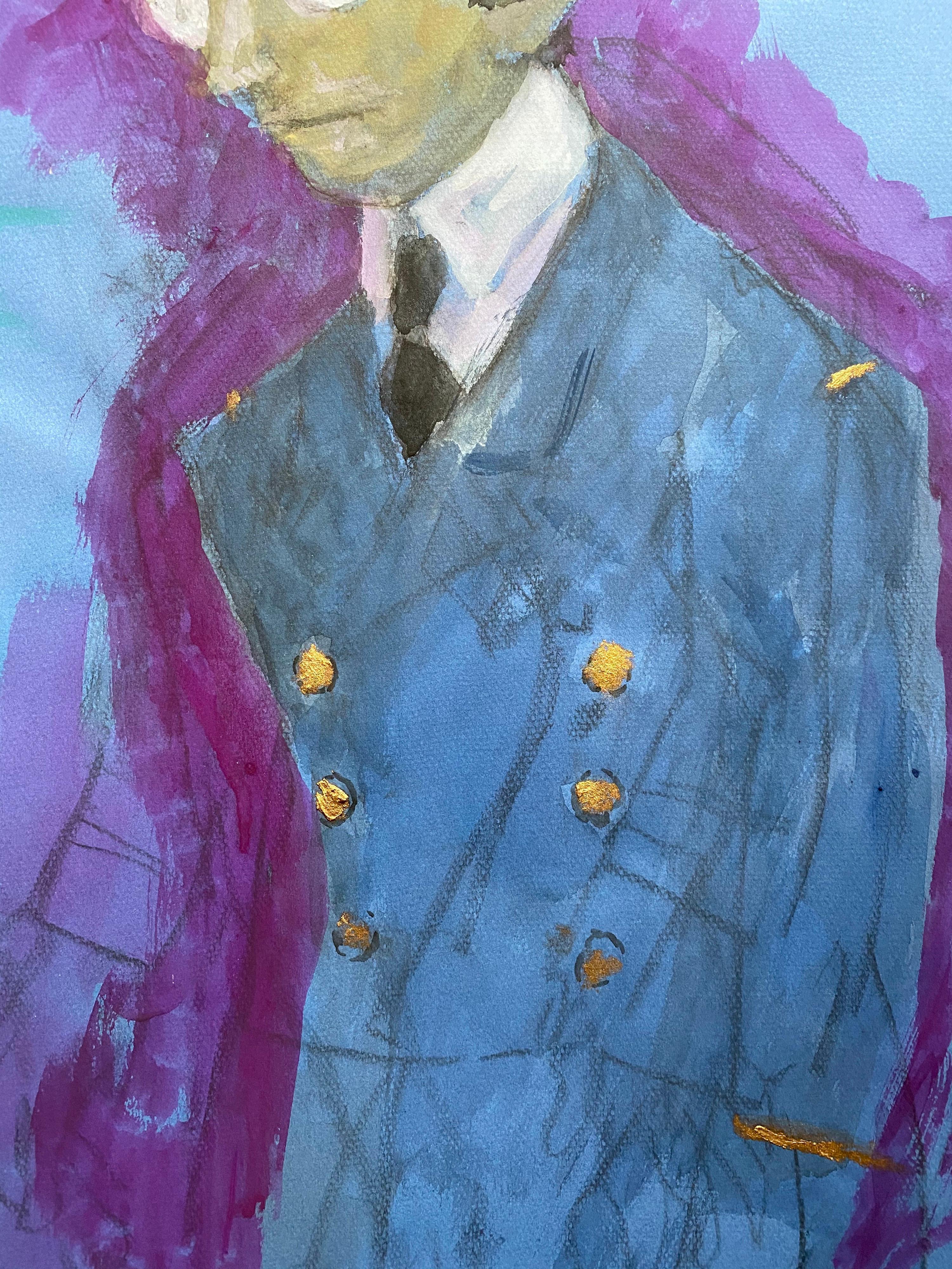 20th Century 1960's French Portrait Pilot/ Captain Gentleman in Uniform Caricature For Sale