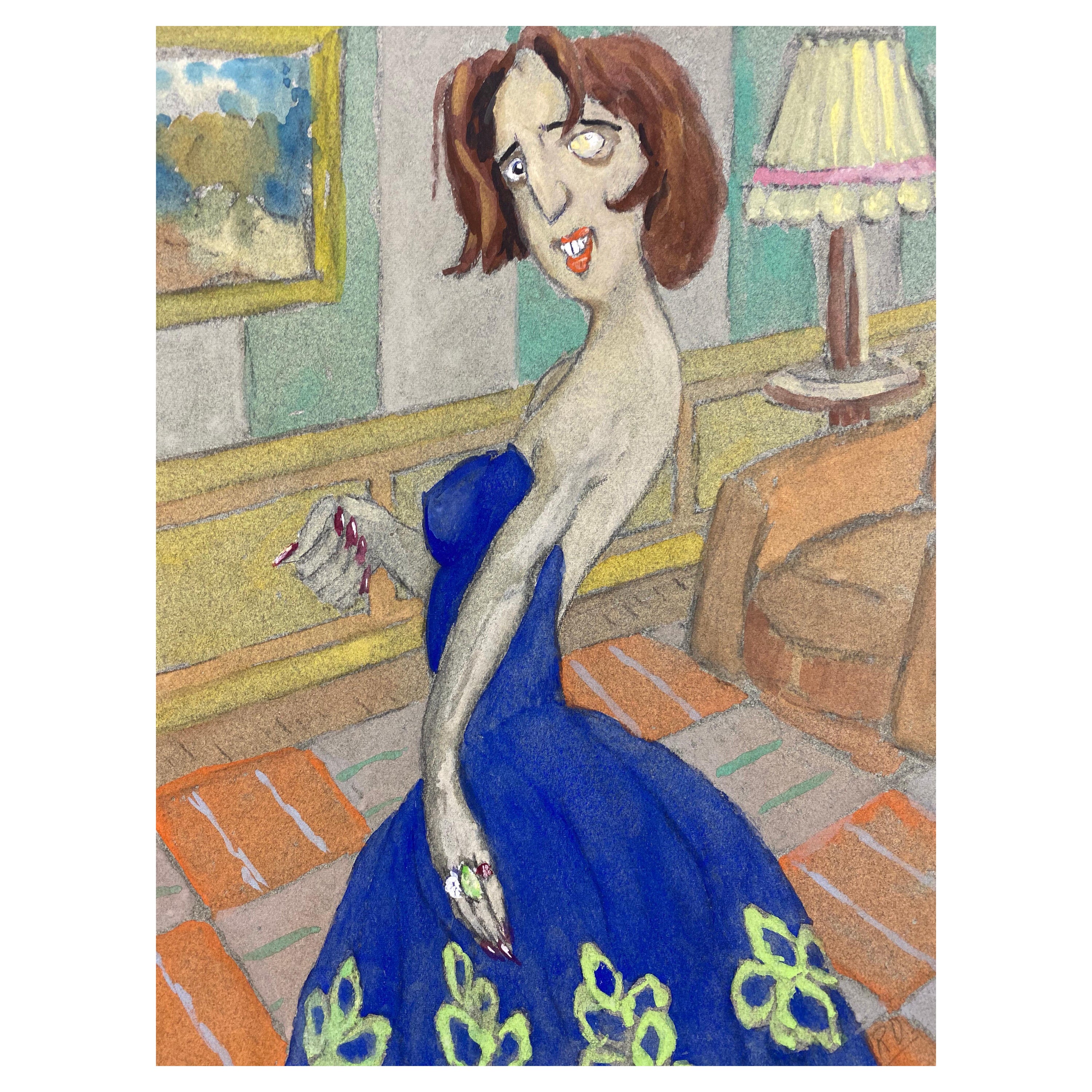 Portrait français des années 1960 d'une femme possédant une robe bleue, caricature de style portrait