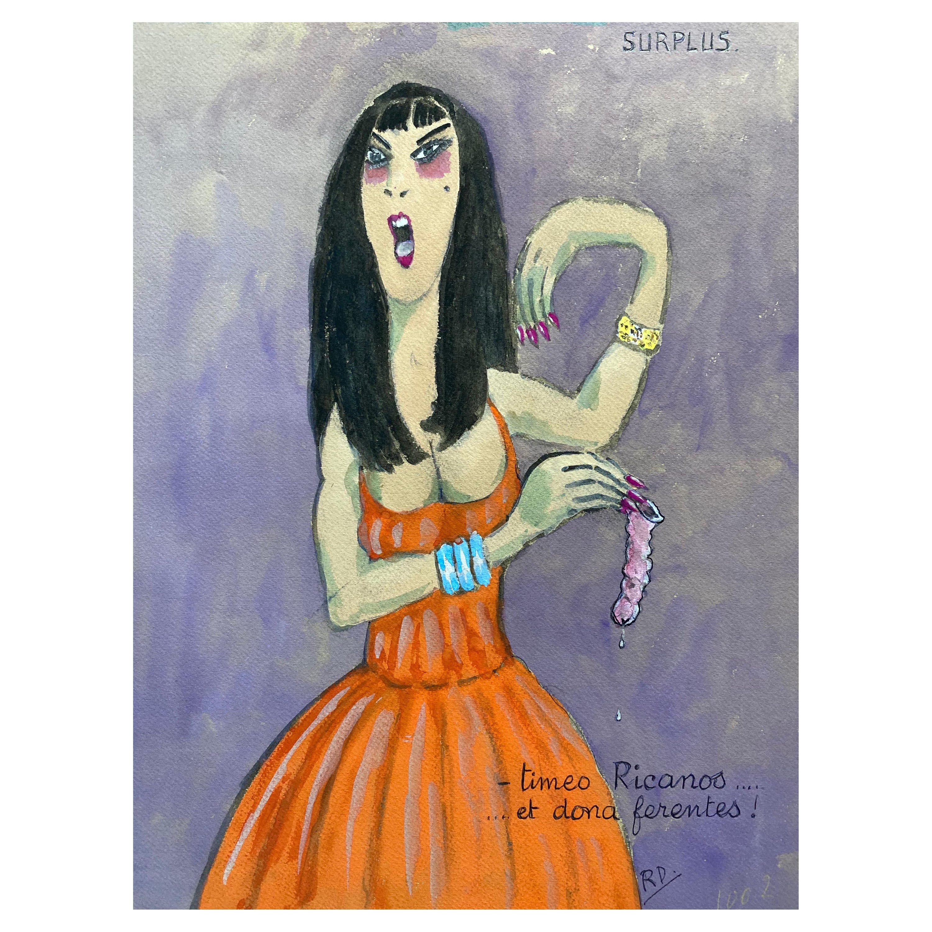 1960's French Portrait Shocked Lady Holding Used Condom - Caricature