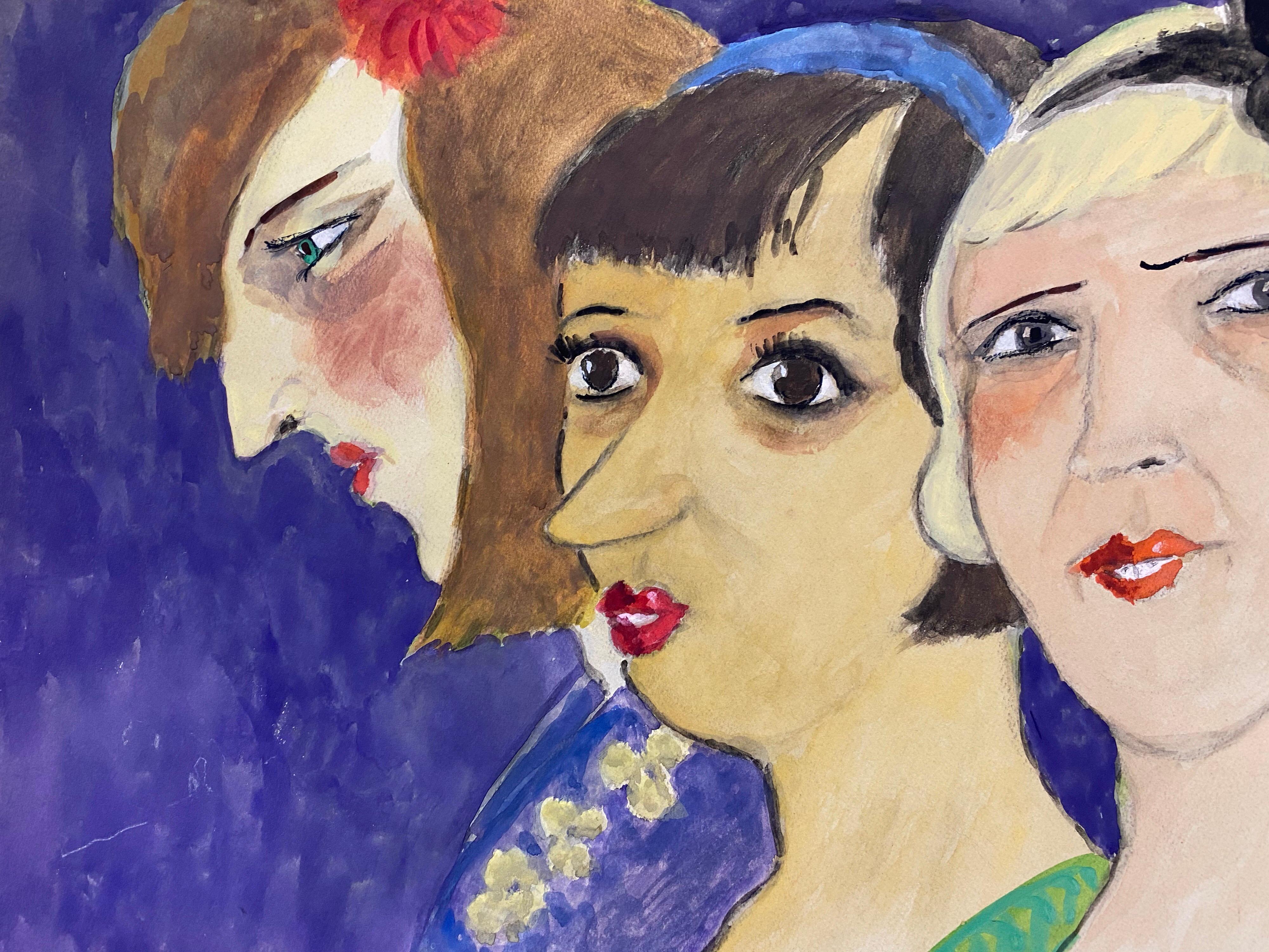 Französische drei Art-Déco-Damen-Karikatur aus den 1960er Jahren (20. Jahrhundert) im Angebot