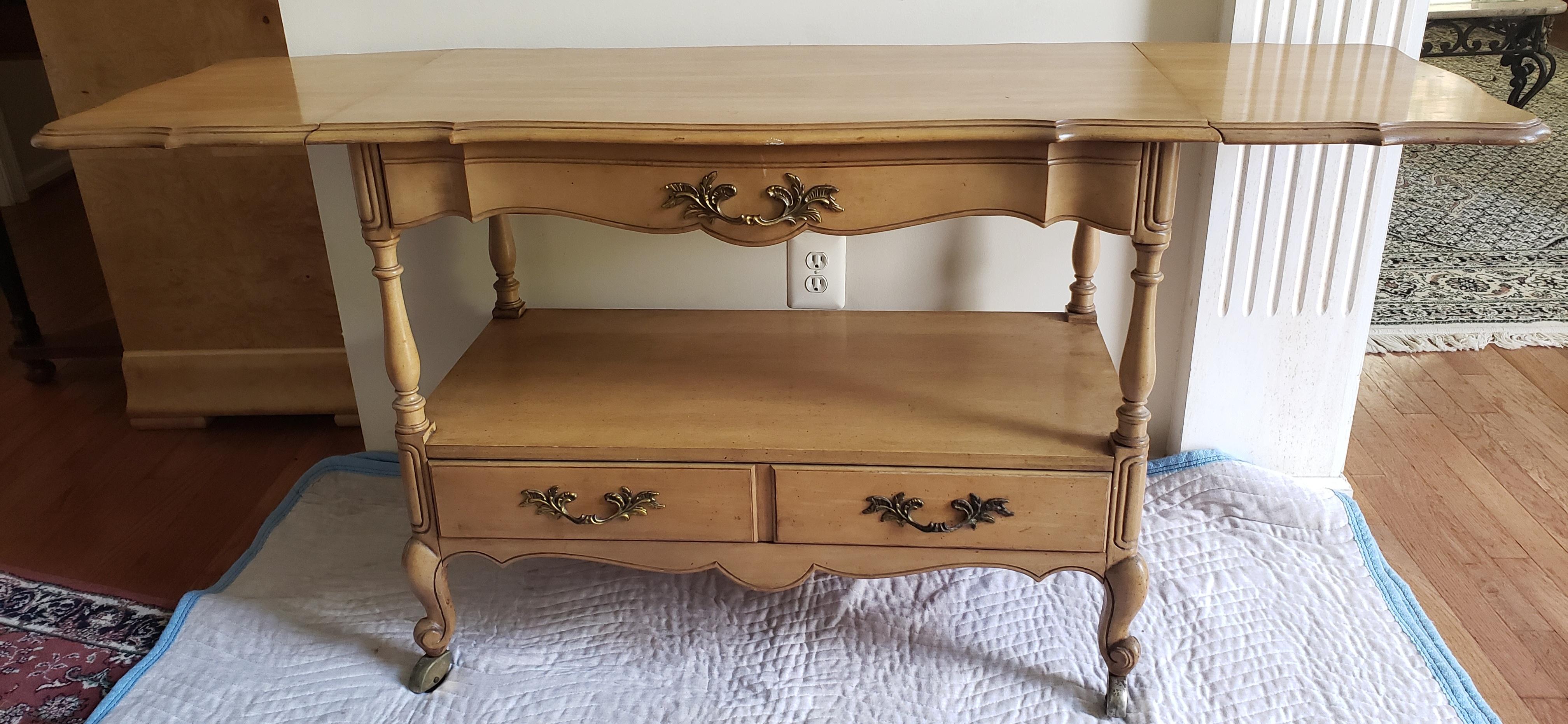 1960s French Provincial Drop Leaves Bar Cart Buffet Server w/ Silverware Drawers In Good Condition In Germantown, MD