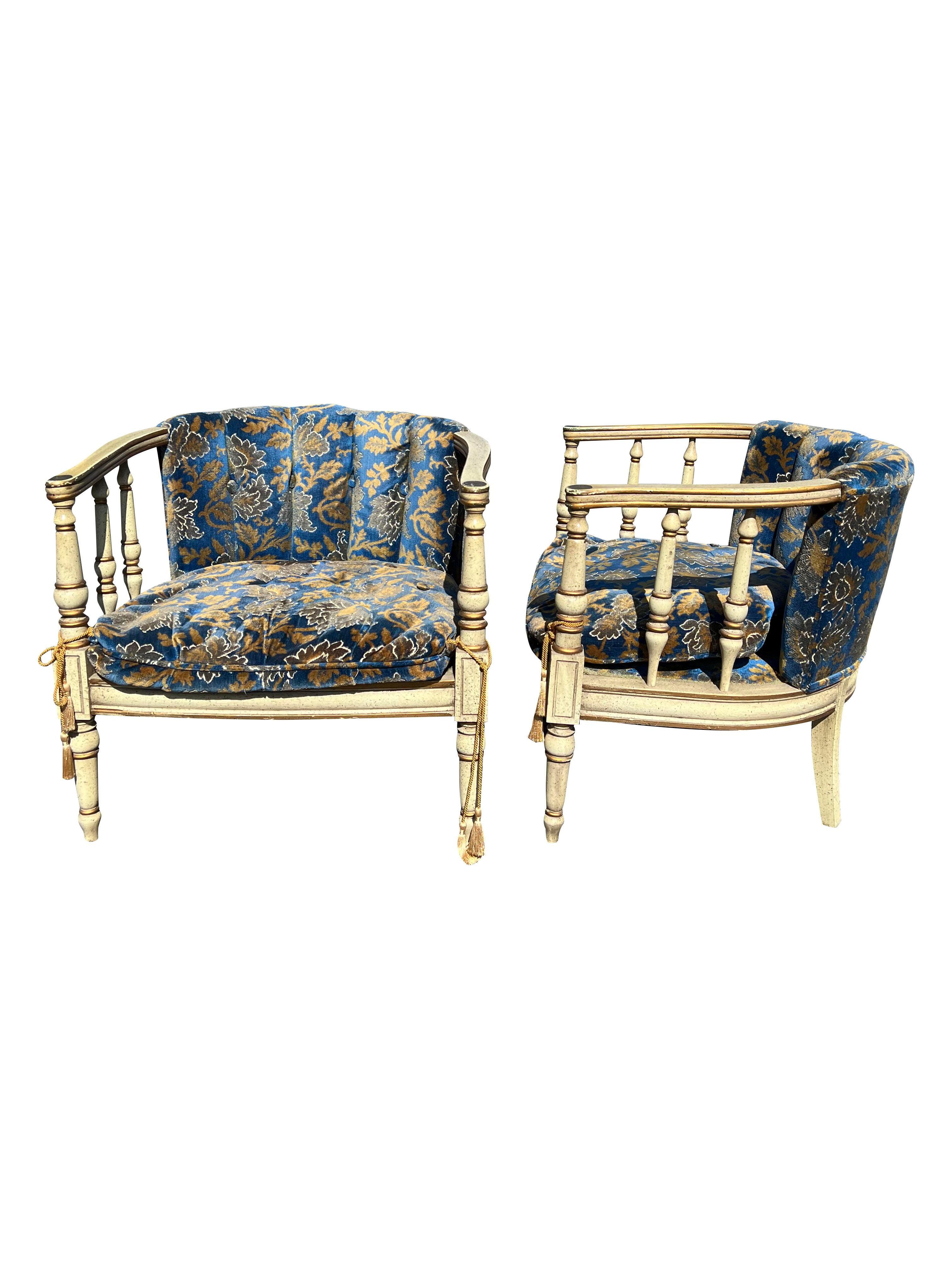 Vintage French Provincial Lounge Chairs

These beautifully designed chairs feature a classic cream/light tan color and offer a comfortable and inviting seating experience. While in their original condition, they could benefit from restoration to