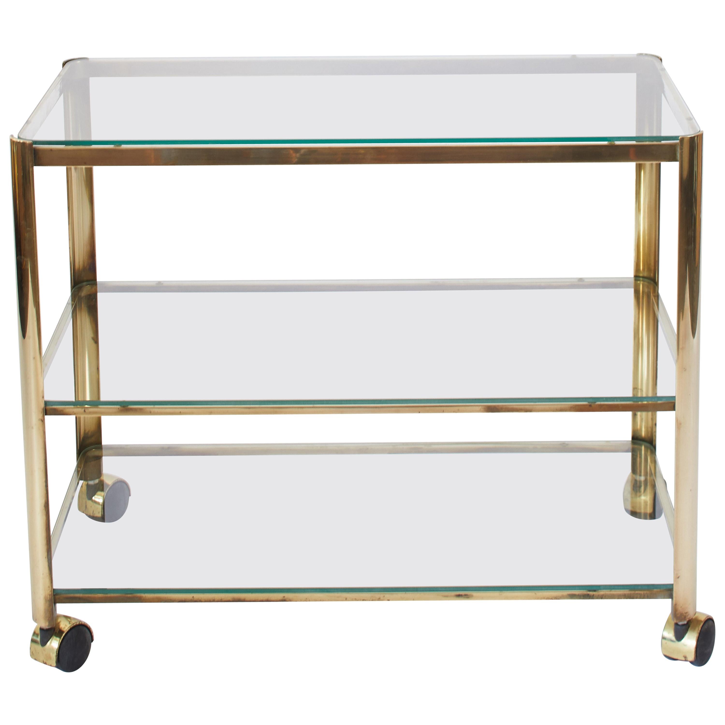 1960s French Quinet Bronze and Smoked Glass Bar Cart