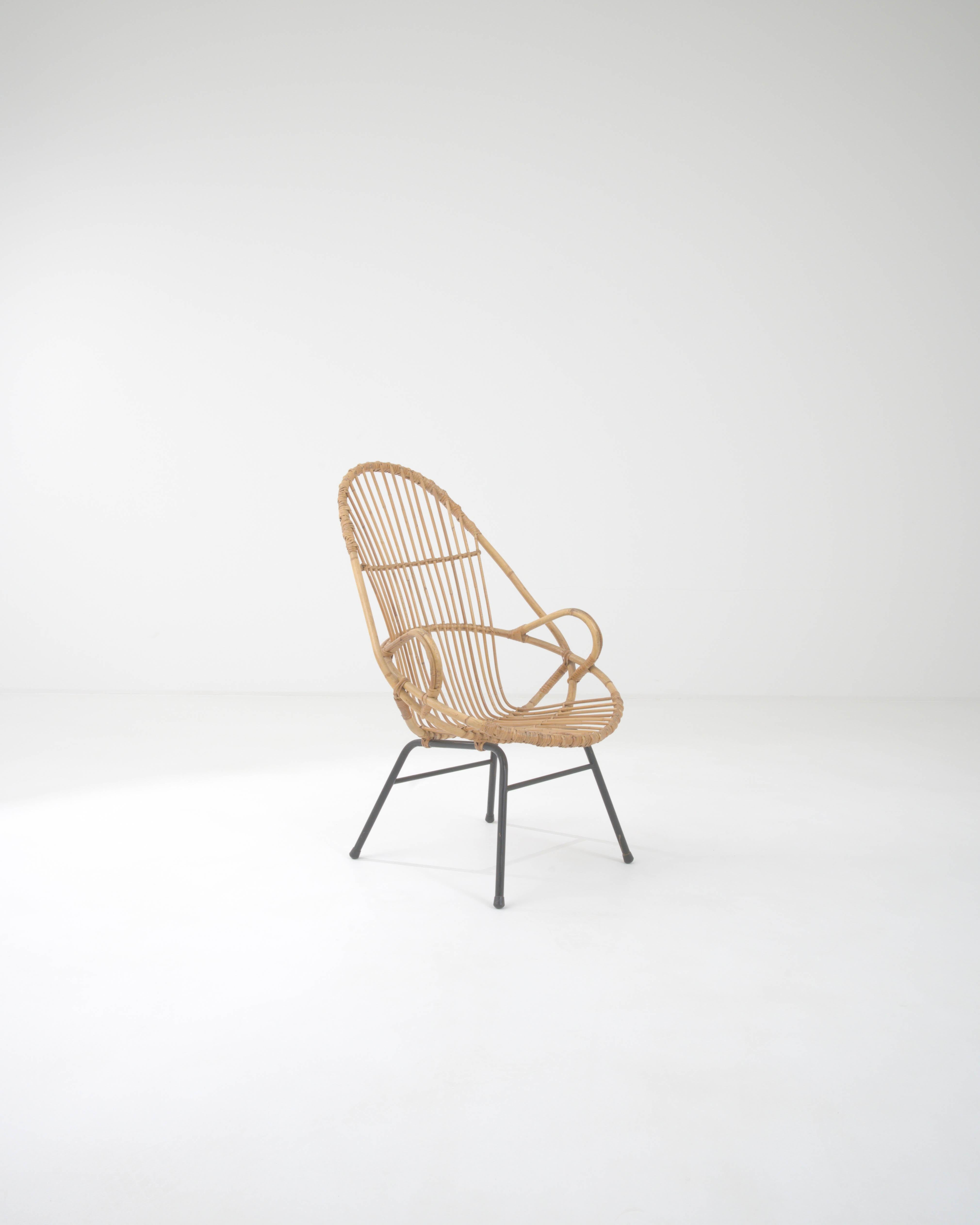 Mid-Century Modern 1960s French Rattan and Metal Armchair