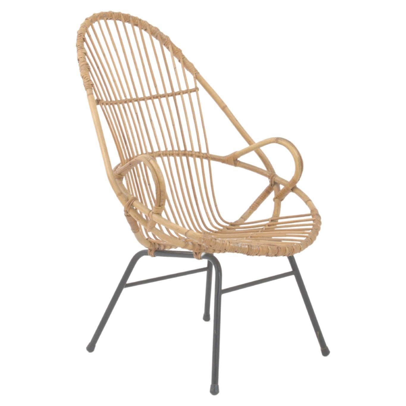 1960s French Rattan and Metal Armchair