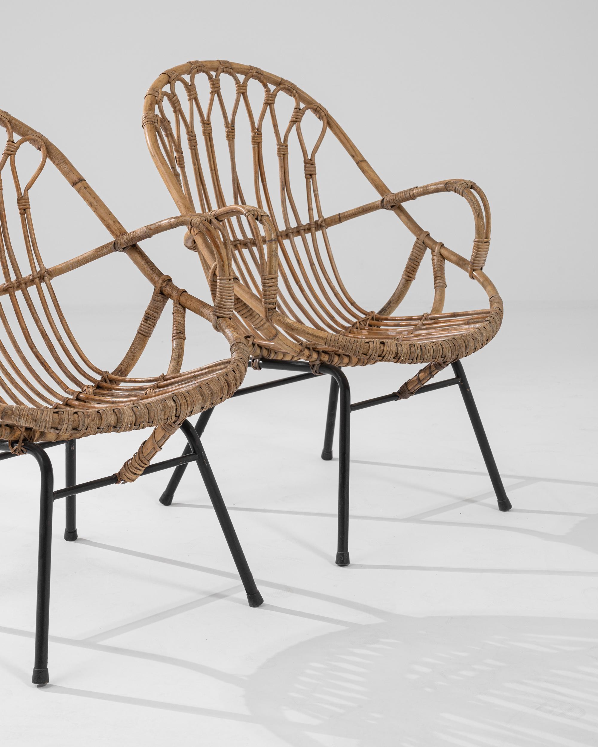 1960s French Rattan and Metal Armchairs, a Pair For Sale 5