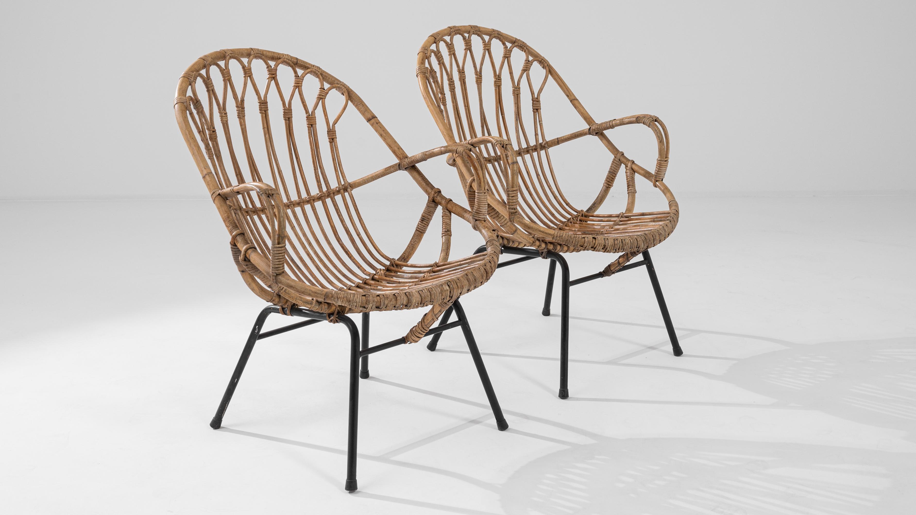 1960s French Rattan and Metal Armchairs, a Pair For Sale 6