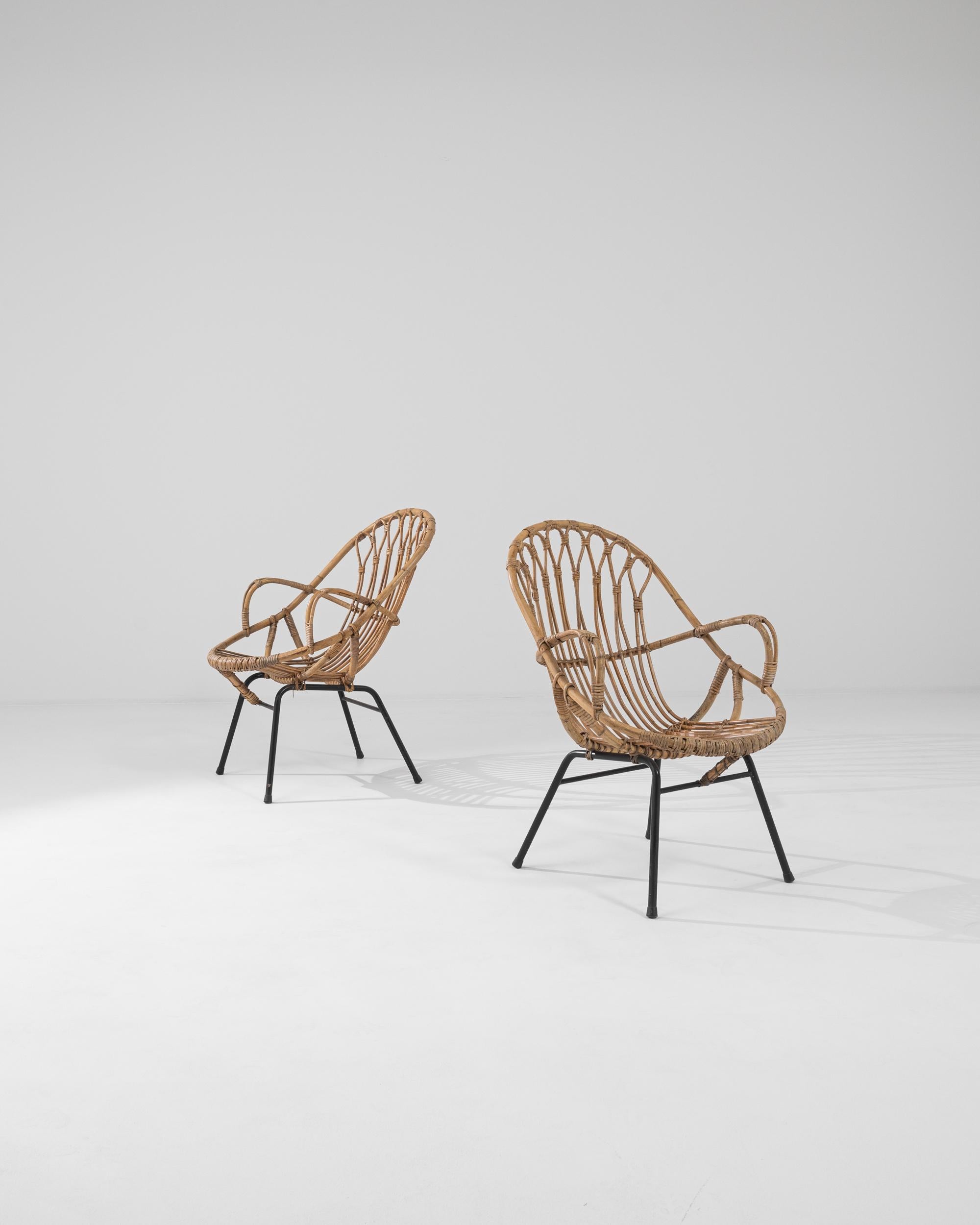 Mid-Century Modern 1960s French Rattan and Metal Armchairs, a Pair For Sale