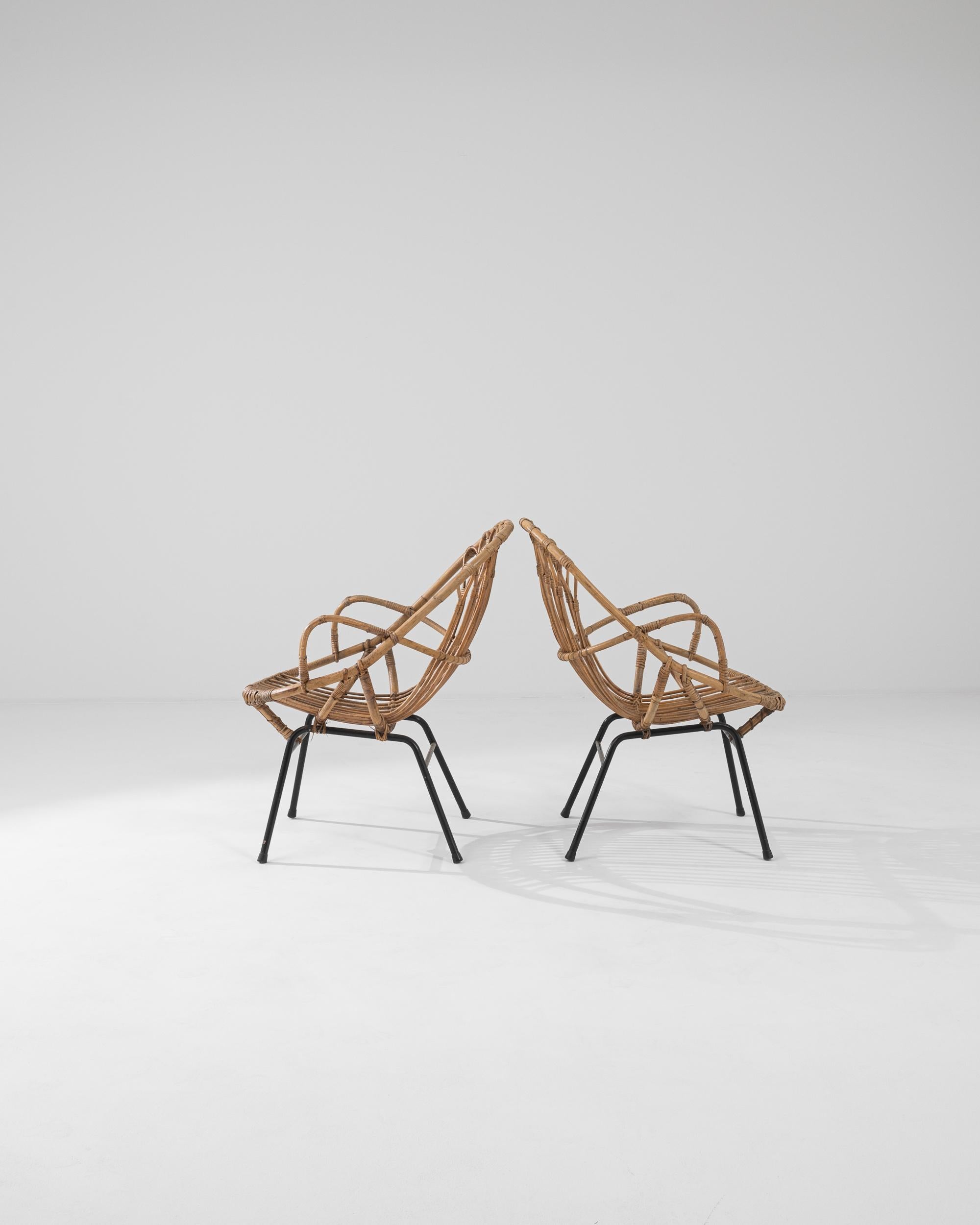 1960s French Rattan and Metal Armchairs, a Pair For Sale 1